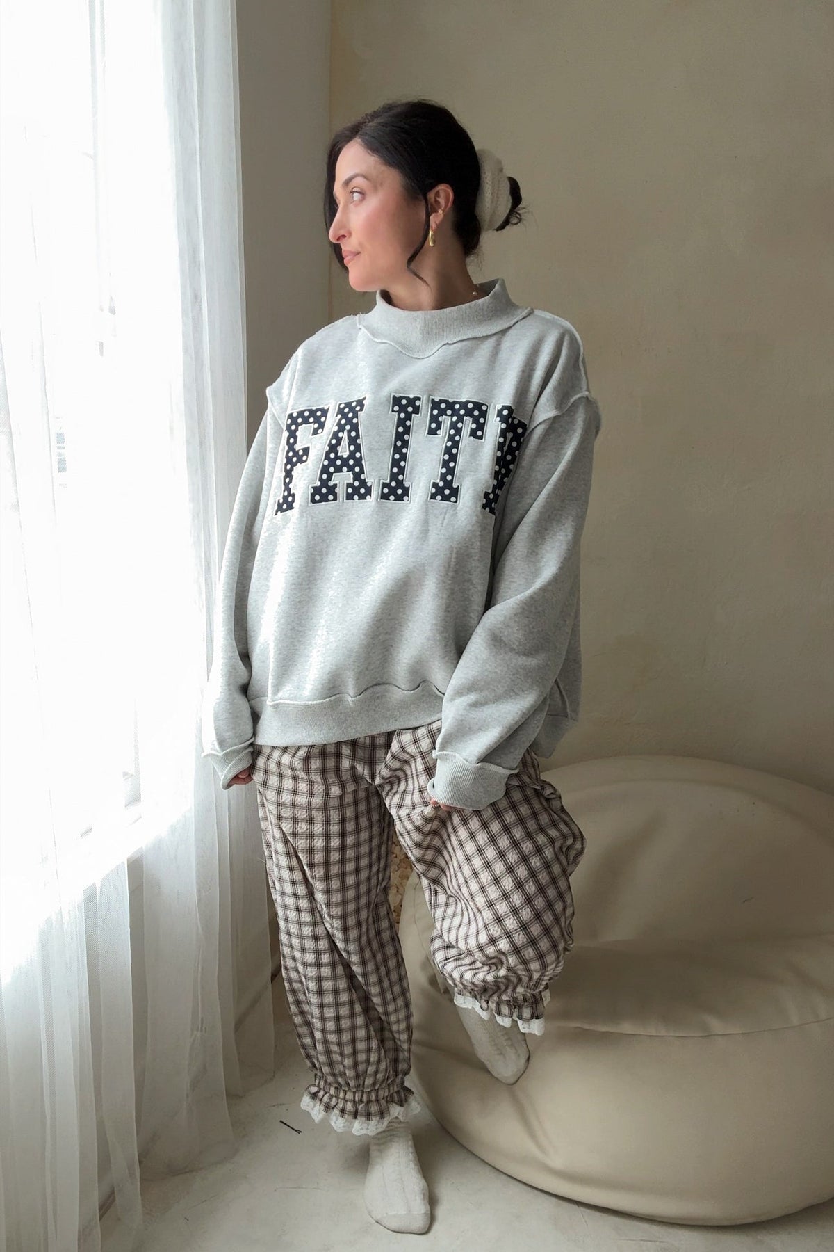 Women’s Oversized Mock Neck Sweatshirt – Faith Graphic Grey - Women's Shirts & Tops - Blooming Daily