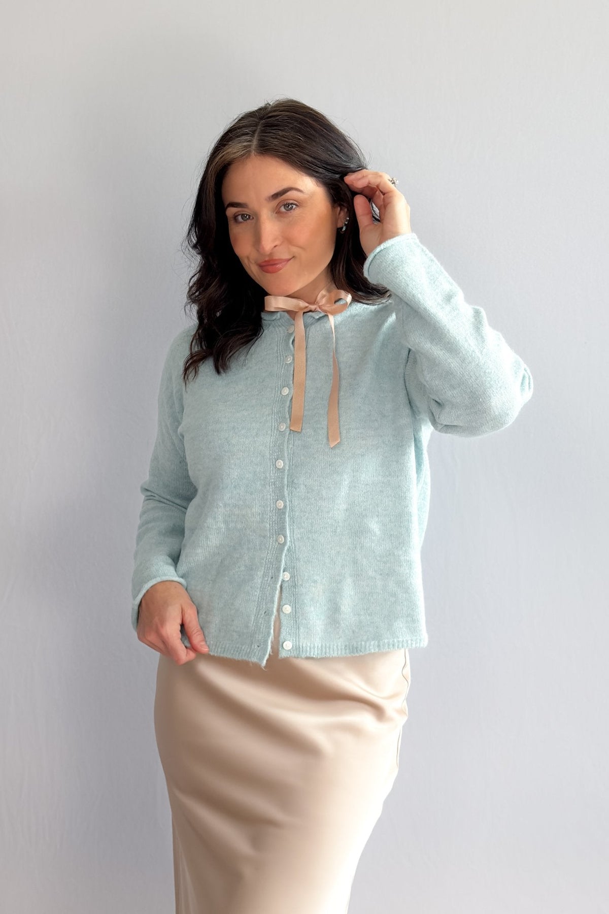 Women’s Pastel Turquoise Trending Knit Cardigan – Soft Stretch Knit - Women's Sweaters - Blooming Daily
