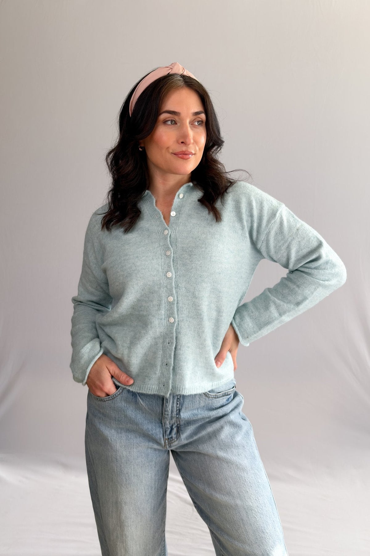 Women’s Pastel Turquoise Trending Knit Cardigan – Soft Stretch Knit - Women's Sweaters - Blooming Daily