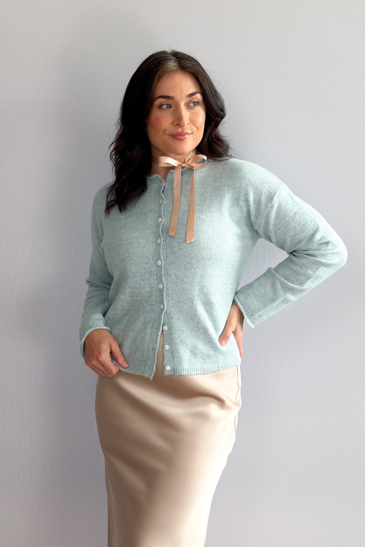 Women’s Pastel Turquoise Trending Knit Cardigan – Soft Stretch Knit - Women's Sweaters - Blooming Daily