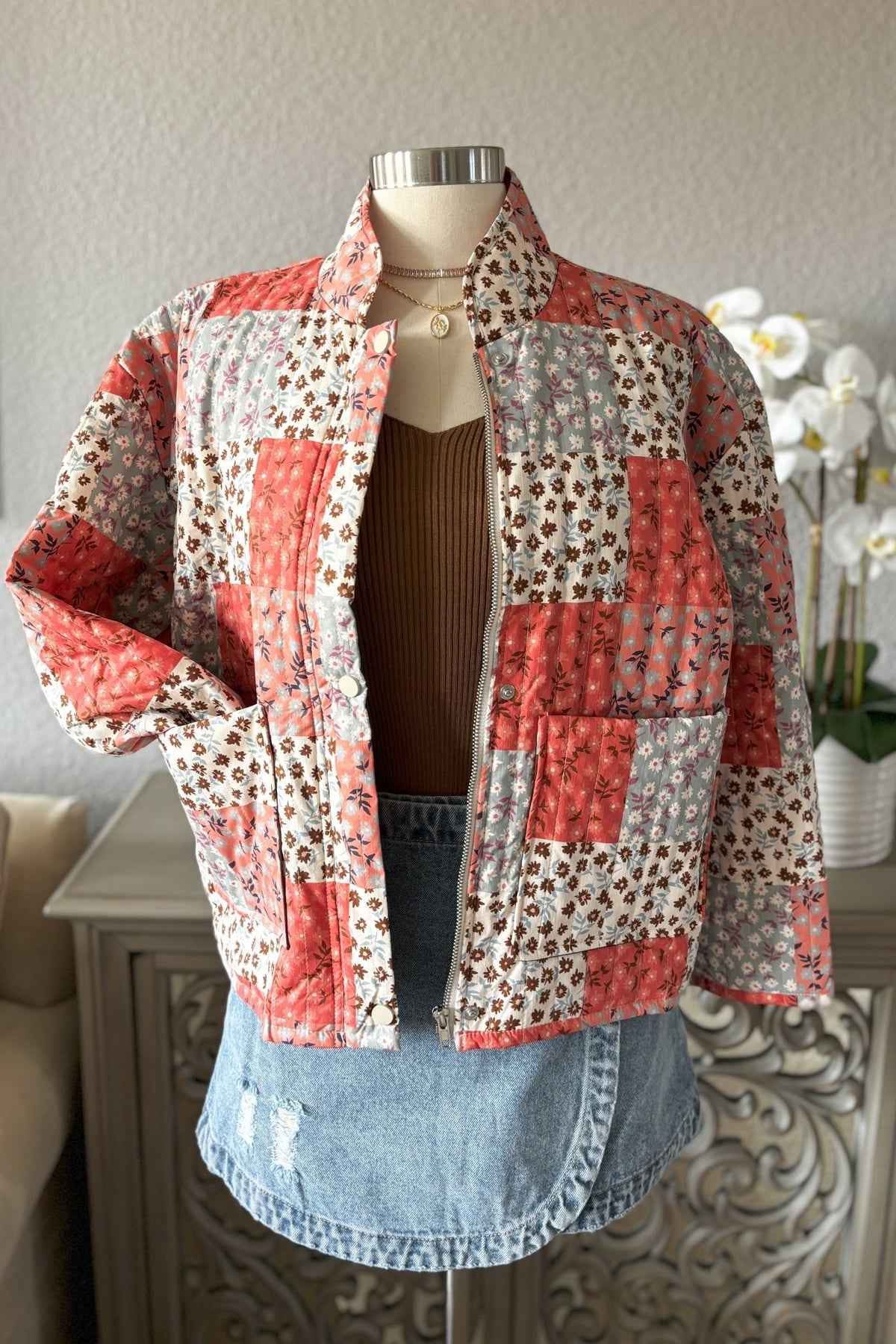 Women&#39;s Patchwork Quilted Lightweigth Floral Jacket | Outerwear | Pink - Women&#39;s Jacket - Blooming Daily