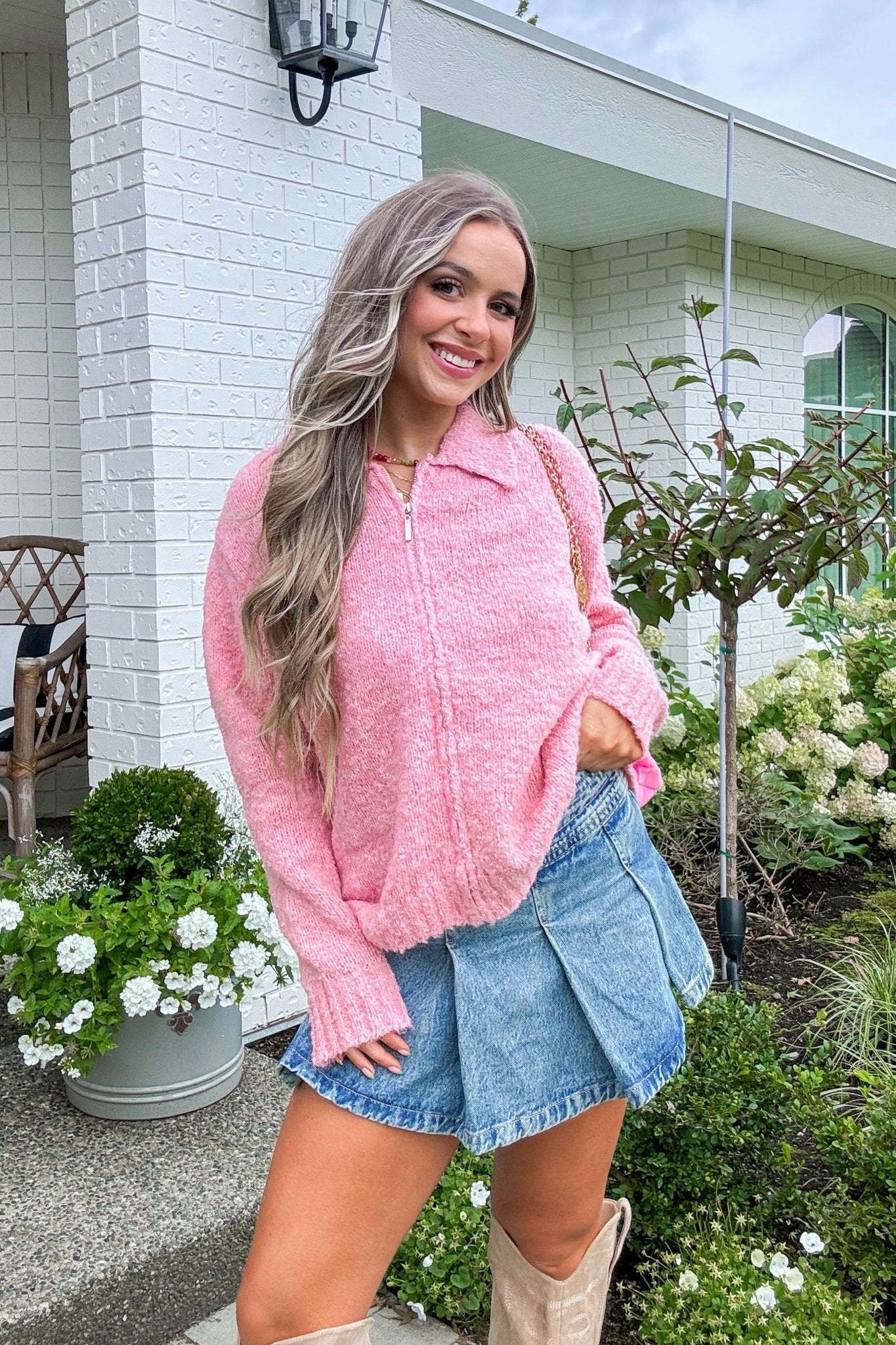 Denim skirt pink cardigan hotsell