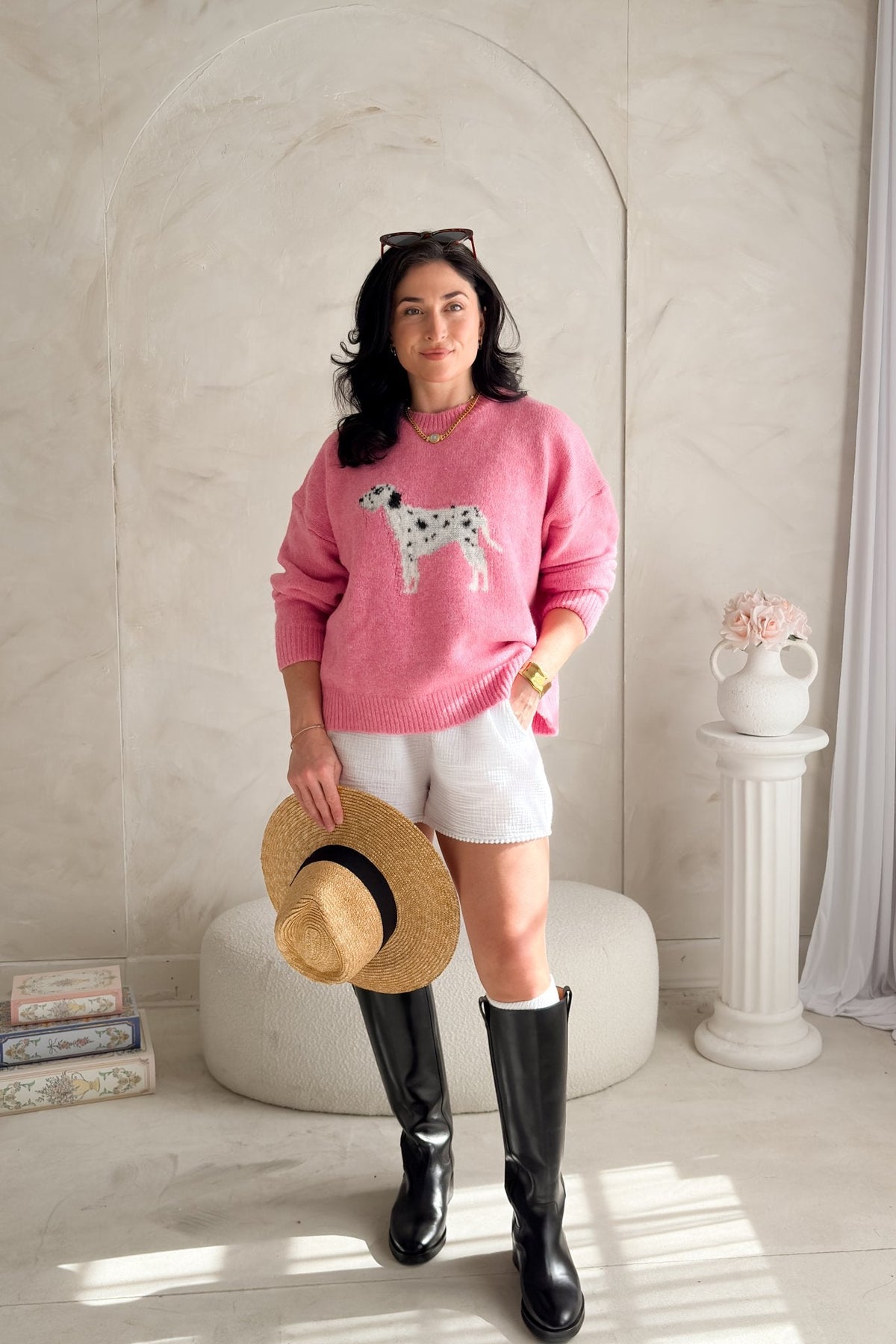 Women's Pink Dalmatian Graphic Sweater – Dog Knit Pullover - Tops > Sweaters - Blooming Daily