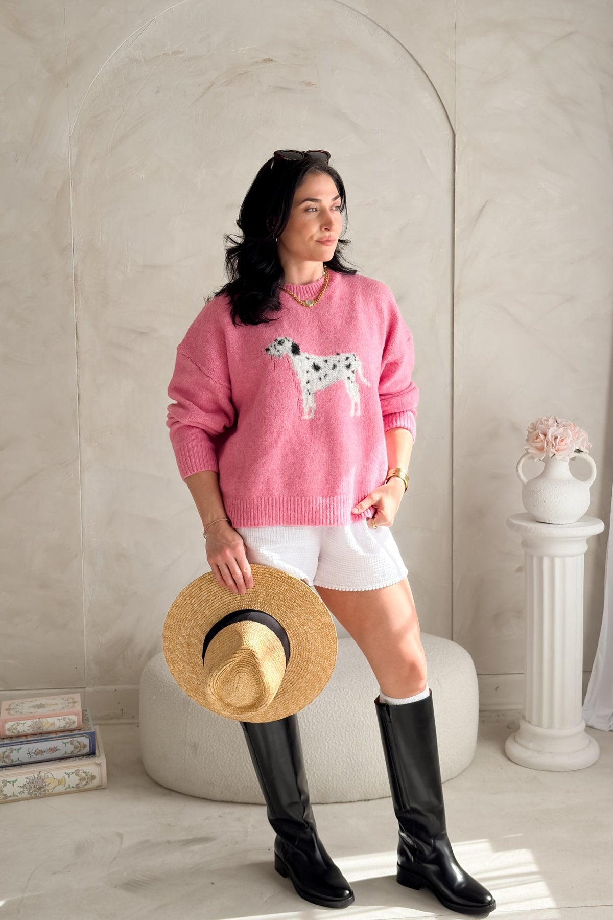 Women's Pink Dalmatian Graphic Sweater – Dog Knit Pullover - Tops > Sweaters - Blooming Daily