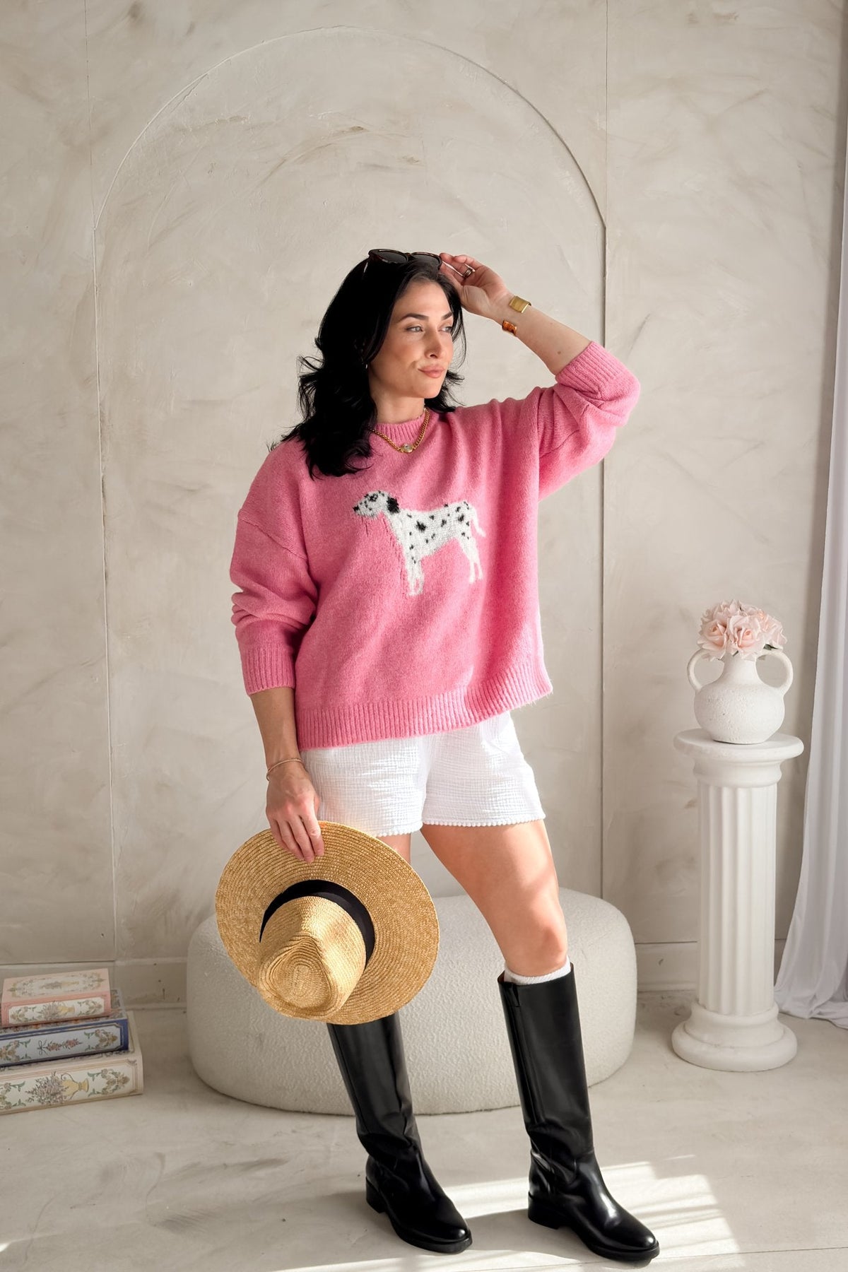 Women's Pink Dalmatian Graphic Sweater – Dog Knit Pullover - Tops > Sweaters - Blooming Daily
