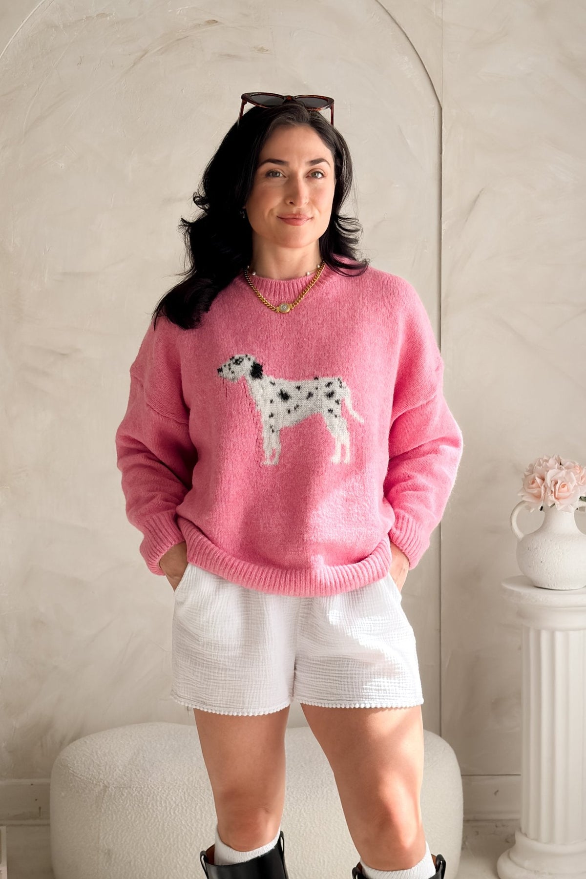 Women's Pink Dalmatian Graphic Sweater – Dog Knit Pullover - Tops > Sweaters - Blooming Daily