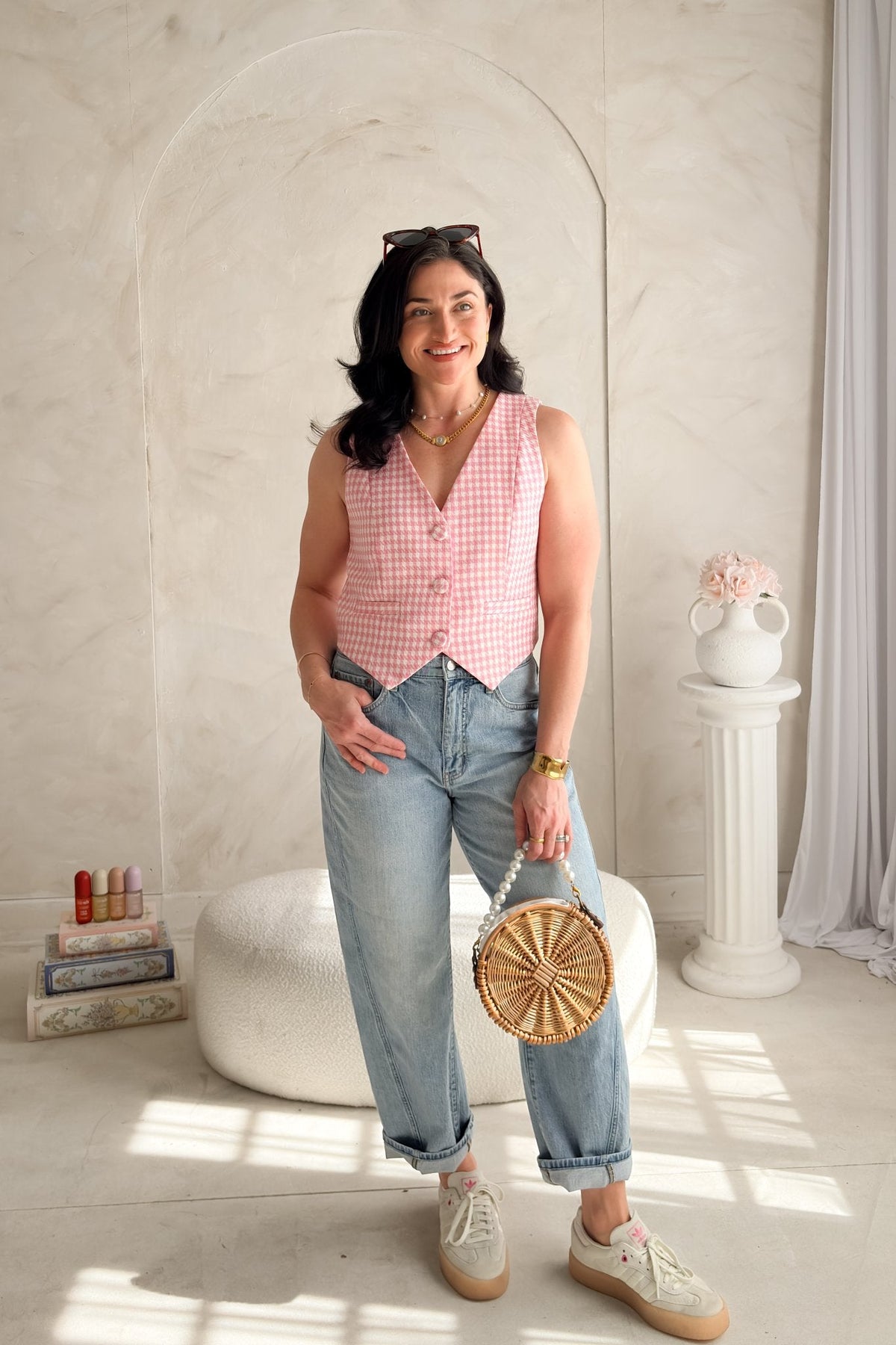 Women's Pink Gingham Vest Top - Button Front Tailored Fit - Tops > Vests - Blooming Daily