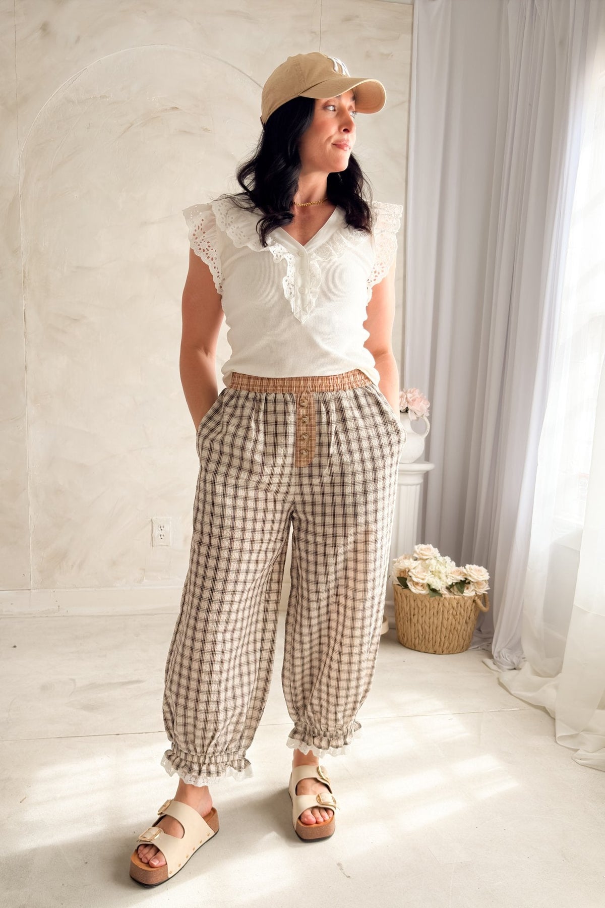 Women’s Plaid Balloon Pants – Elastic Waist Cotton Pants - Women's Pants - Blooming Daily