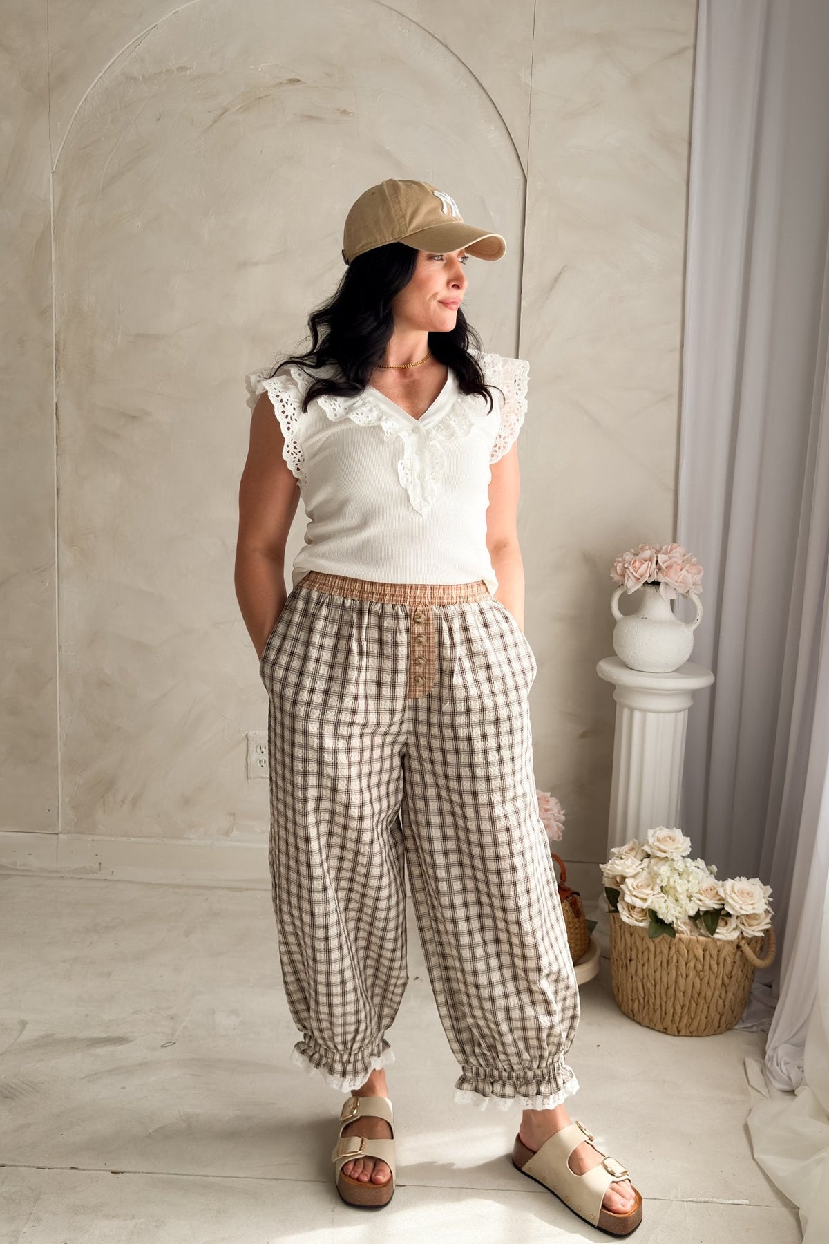 Women’s Plaid Balloon Pants – Elastic Waist Cotton Pants - Women's Pants - Blooming Daily