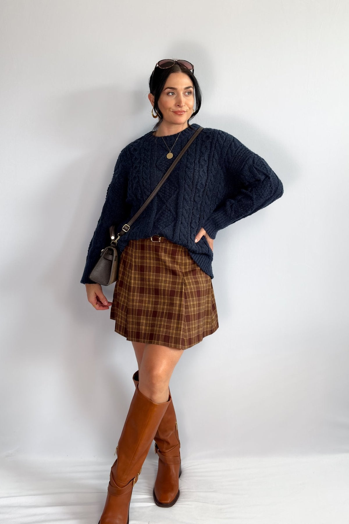 Women’s Plaid Pleated Mini Skirt – High Waist Brown Check - Women&#39;s Skirts - Blooming Daily