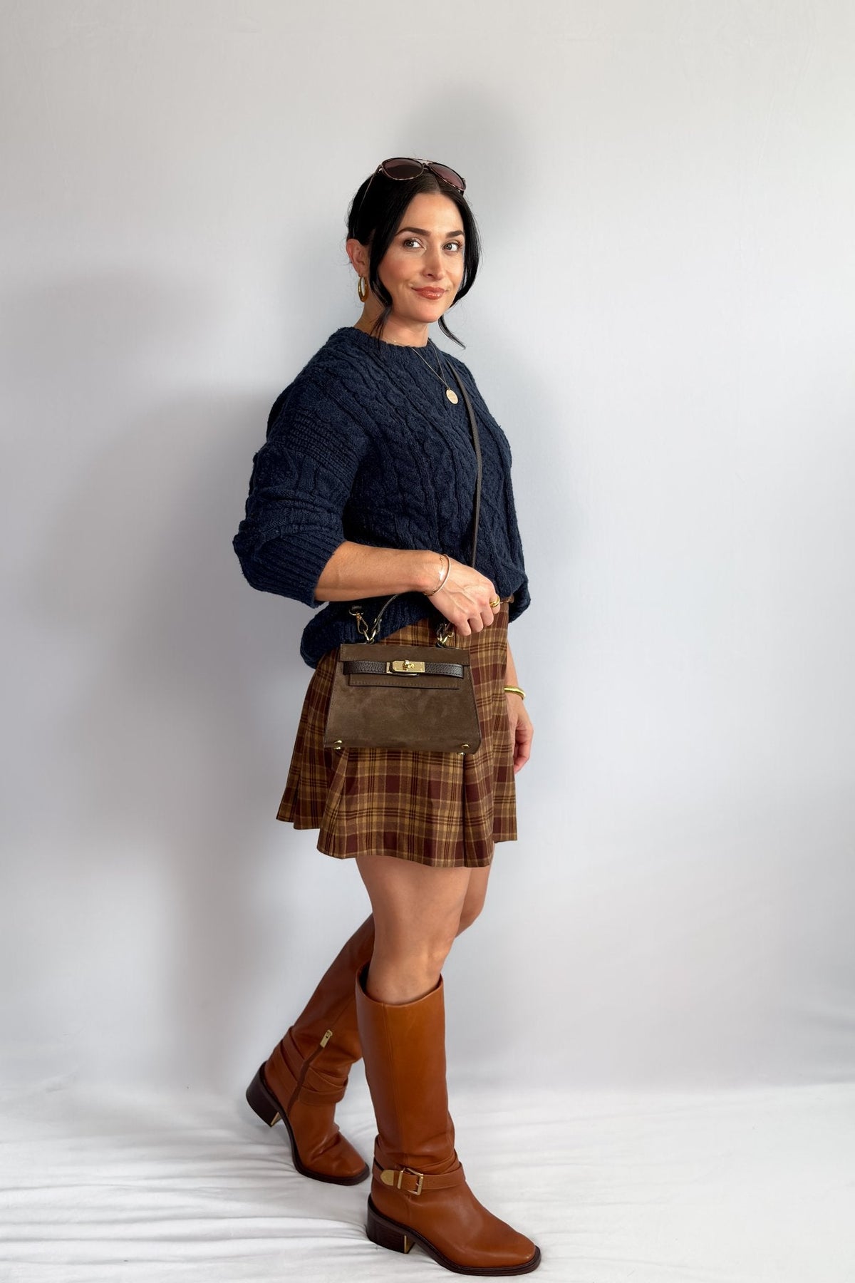 Women’s Plaid Pleated Mini Skirt – High Waist Brown Check - Women&#39;s Skirts - Blooming Daily