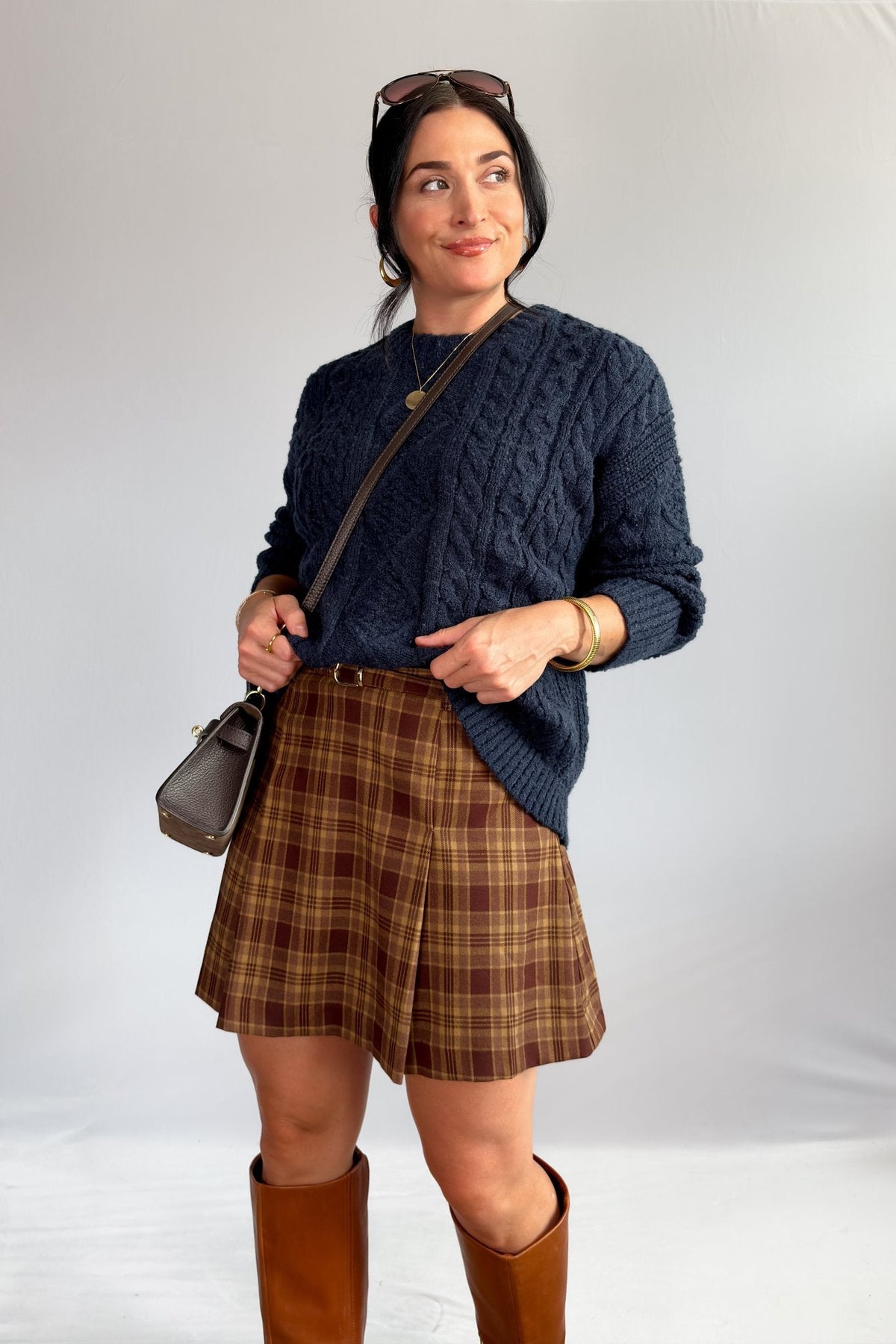 Women’s Plaid Pleated Mini Skirt – High Waist Brown Check - Women&#39;s Skirts - Blooming Daily