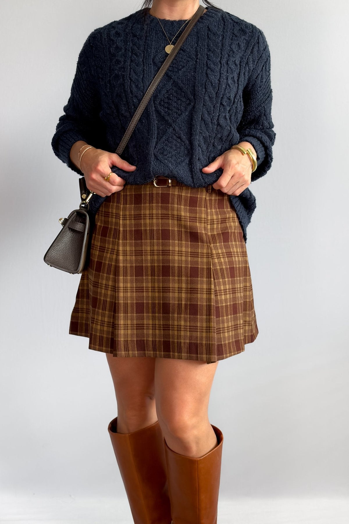 Women’s Plaid Pleated Mini Skirt – High Waist Brown Check - Women&#39;s Skirts - Blooming Daily