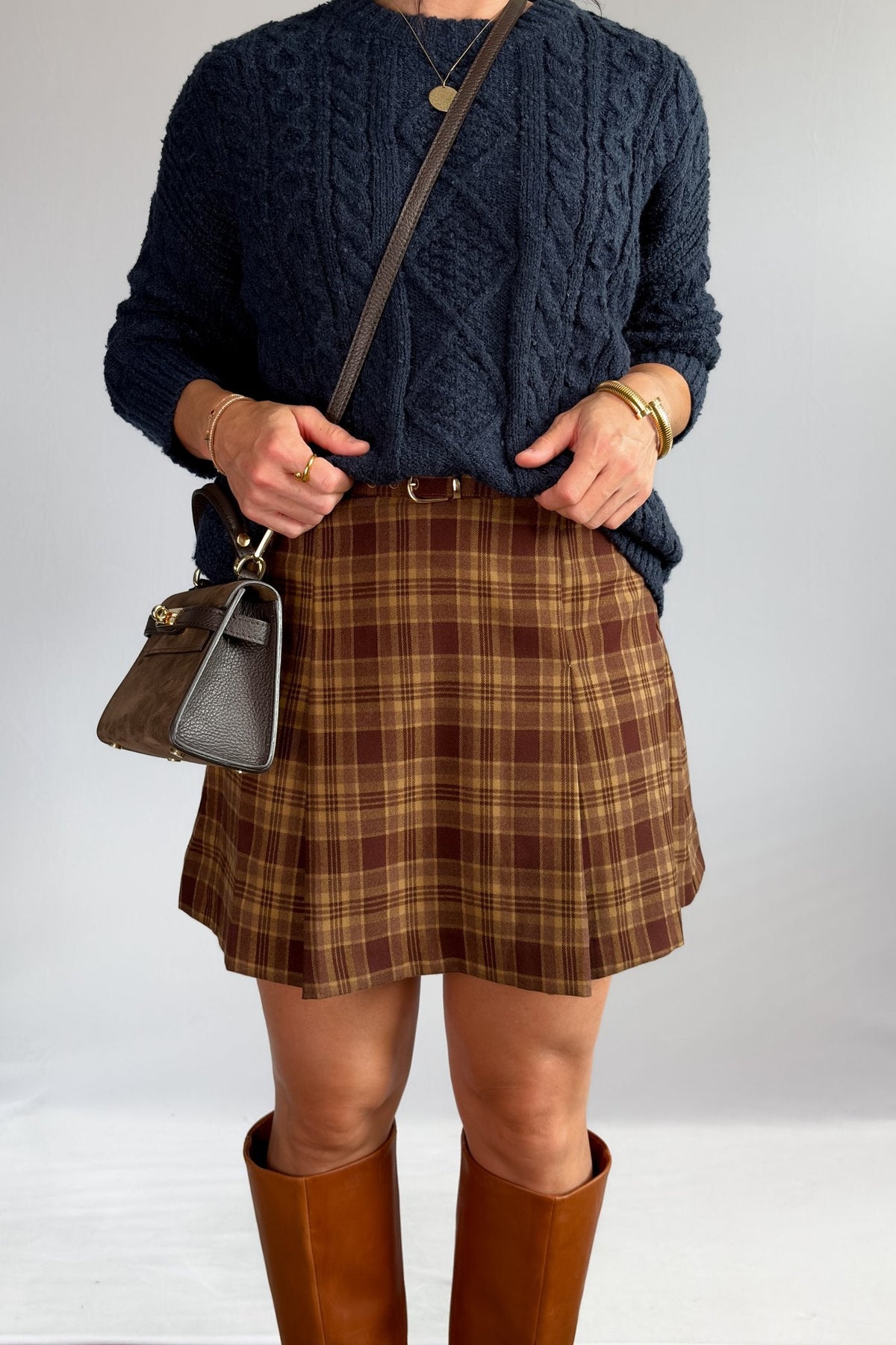 Women’s Plaid Pleated Mini Skirt – High Waist Brown Check - Women&#39;s Skirts - Blooming Daily