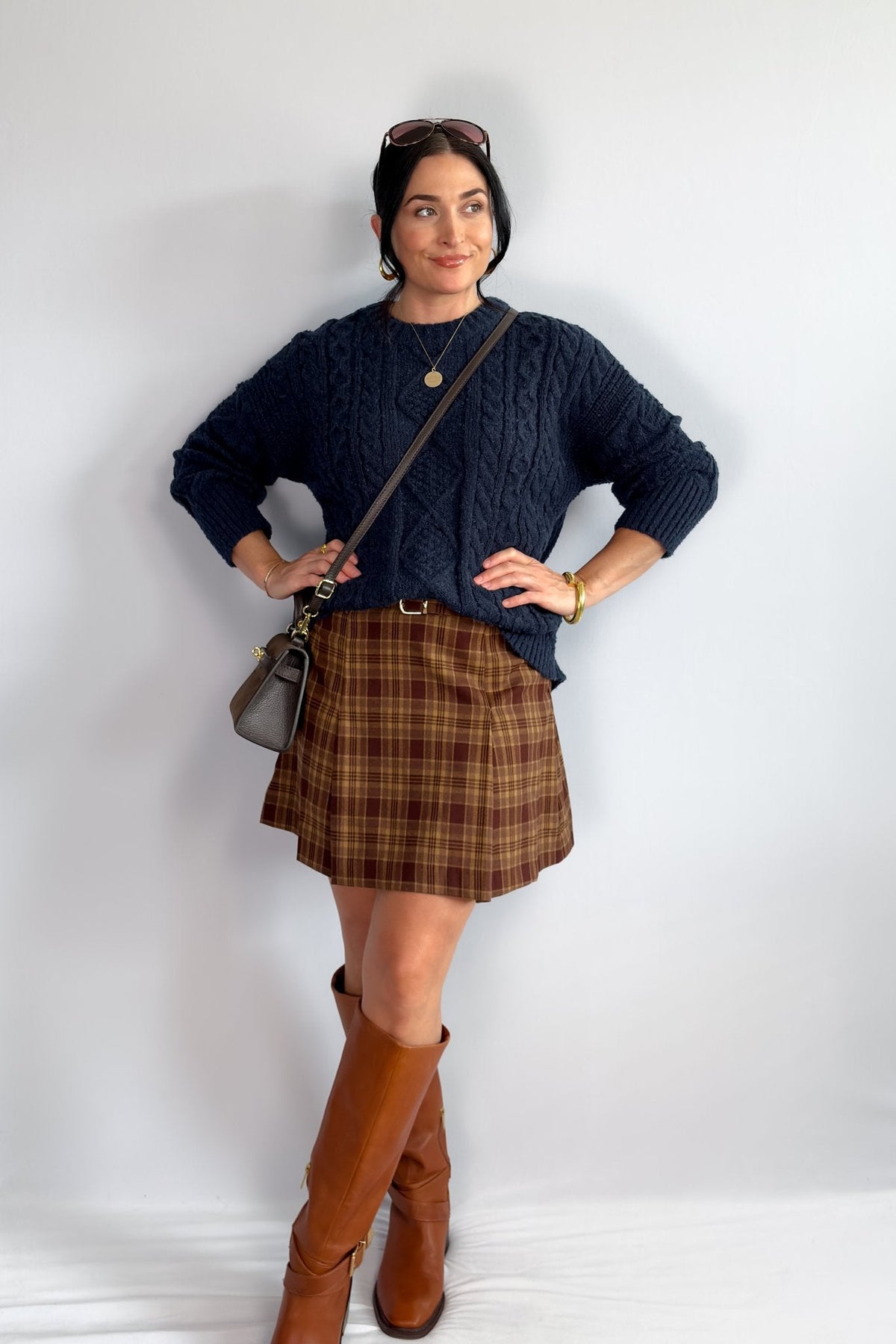 Women’s Plaid Pleated Mini Skirt – High Waist Brown Check - Women&#39;s Skirts - Blooming Daily