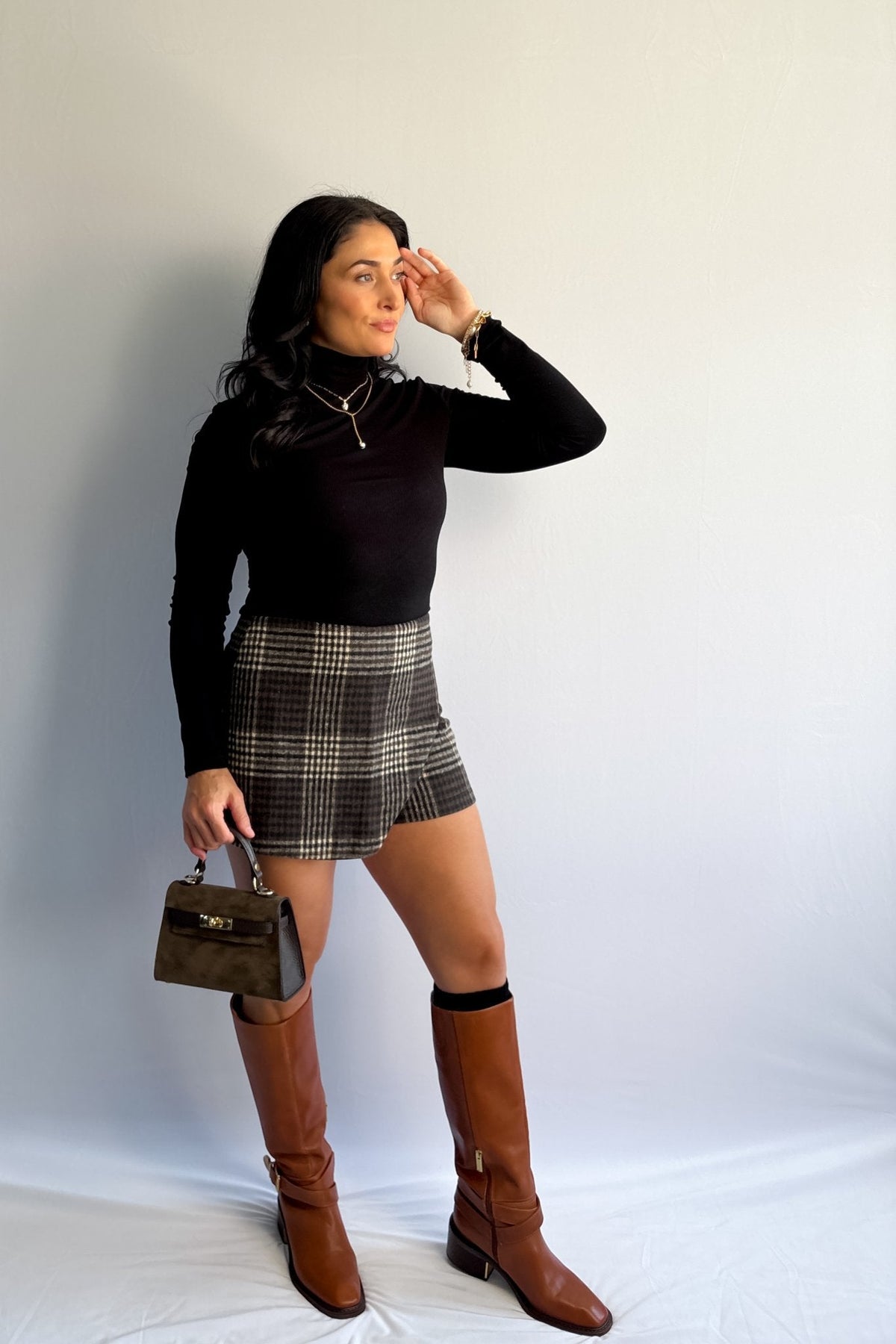 Women’s Plaid Wrap - Front Skort – Brown Check - Women&#39;s Skirts - Blooming Daily