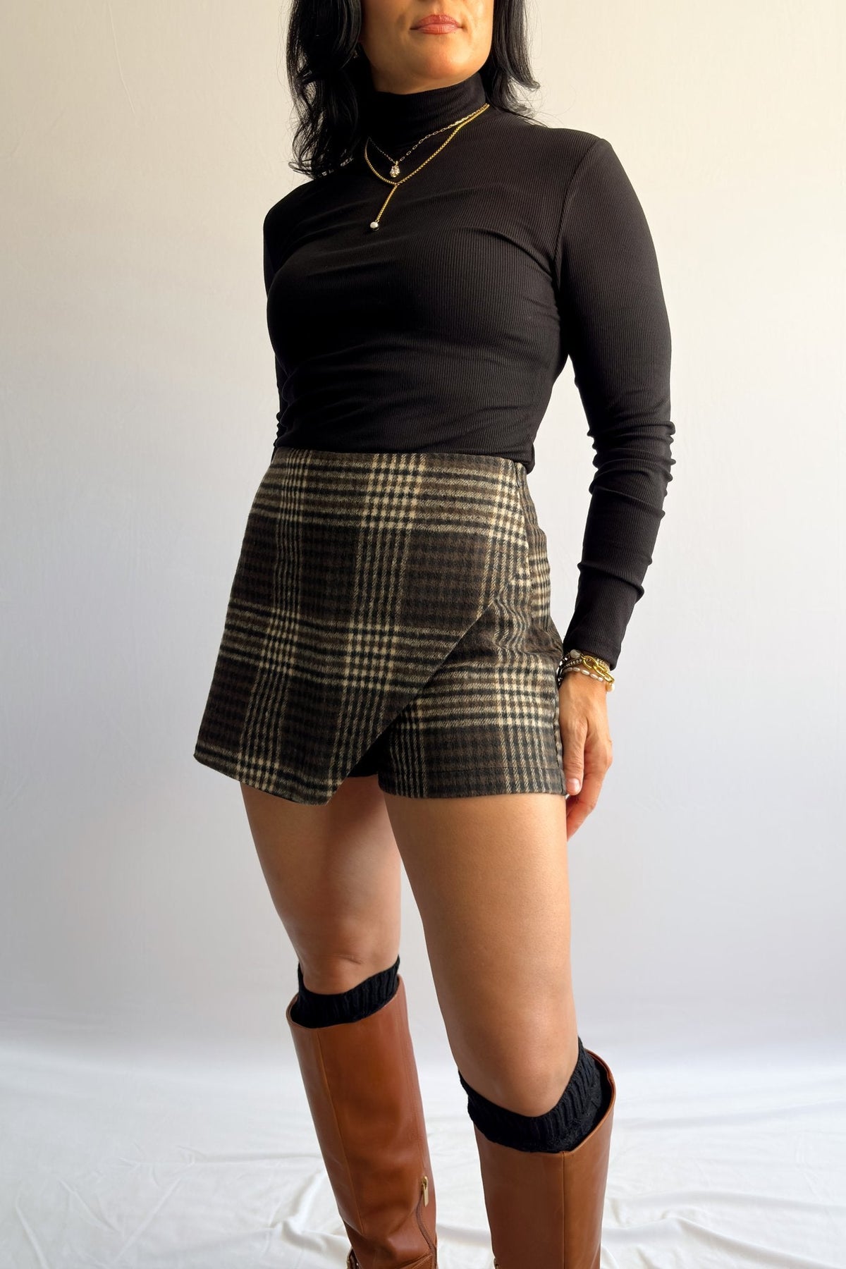 Women’s Plaid Wrap - Front Skort – Brown Check - Women&#39;s Skirts - Blooming Daily