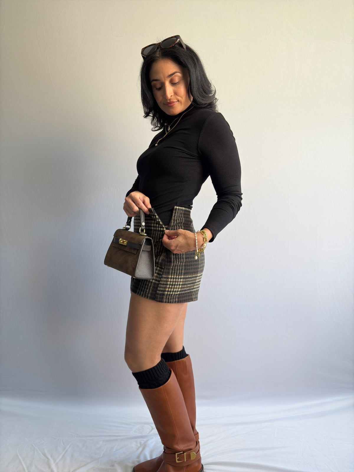 Women’s Plaid Wrap - Front Skort – Brown Check - Women&#39;s Skirts - Blooming Daily