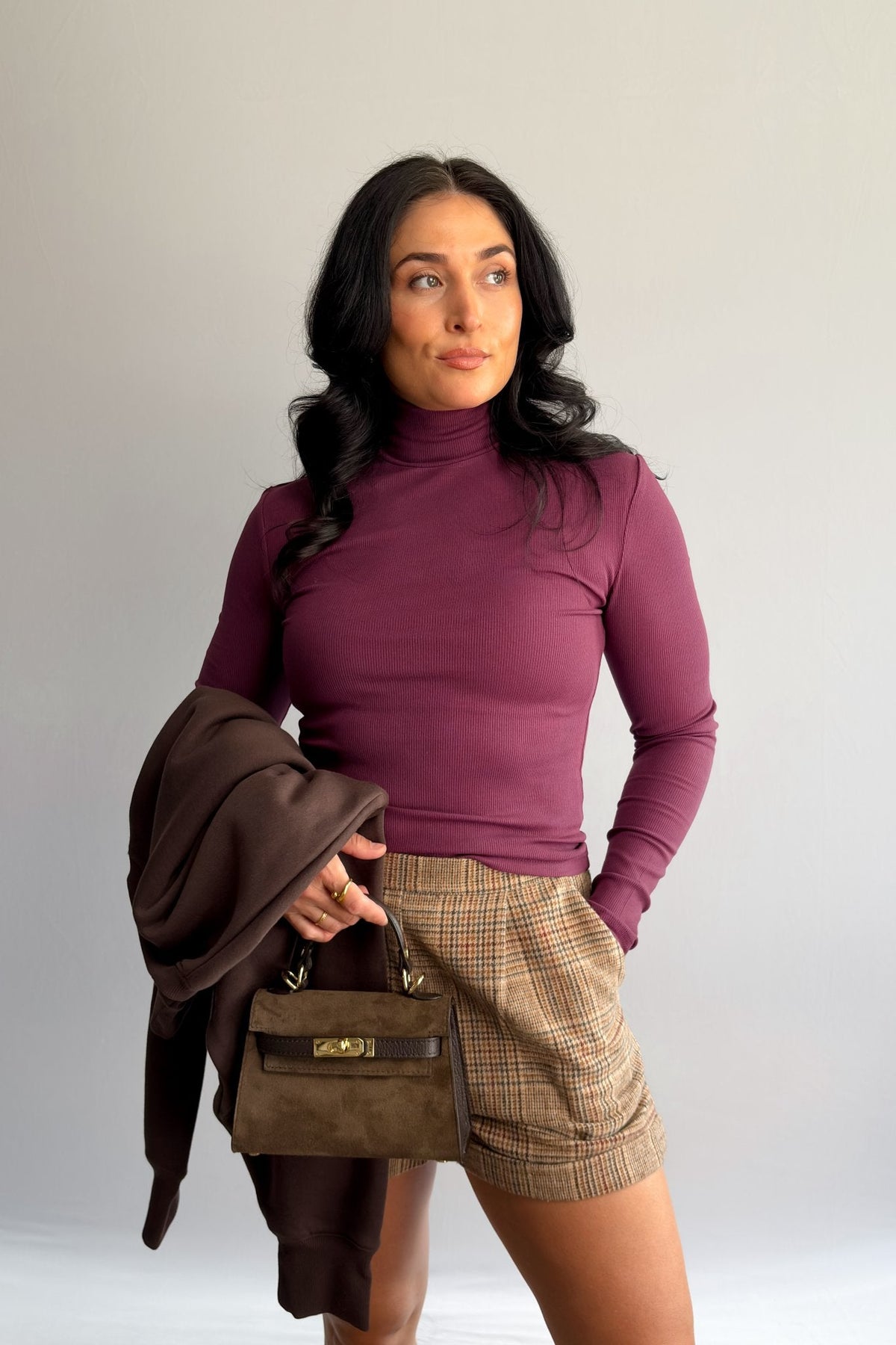 Women’s Plum Ribbed Turtleneck Top – Long Sleeve Stretch Layering Tee - Women&#39;s Shirts &amp; Tops - Blooming Daily