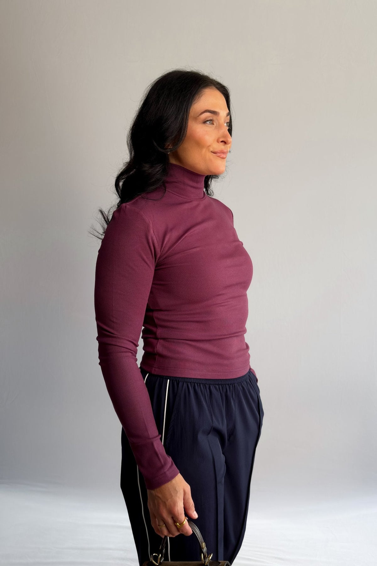 Women’s Plum Ribbed Turtleneck Top – Long Sleeve Stretch Layering Tee - Women&#39;s Shirts &amp; Tops - Blooming Daily