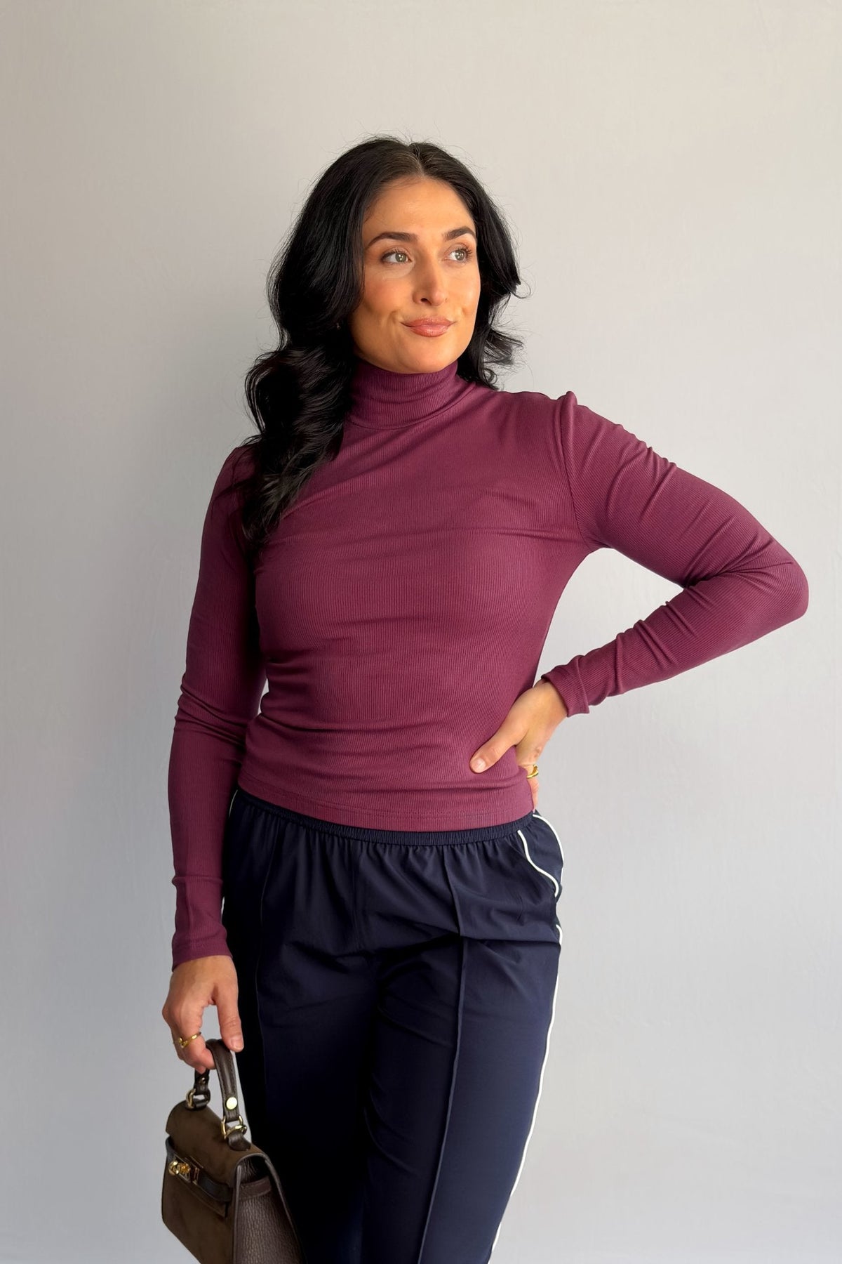 Women’s Plum Ribbed Turtleneck Top – Long Sleeve Stretch Layering Tee - Women&#39;s Shirts &amp; Tops - Blooming Daily