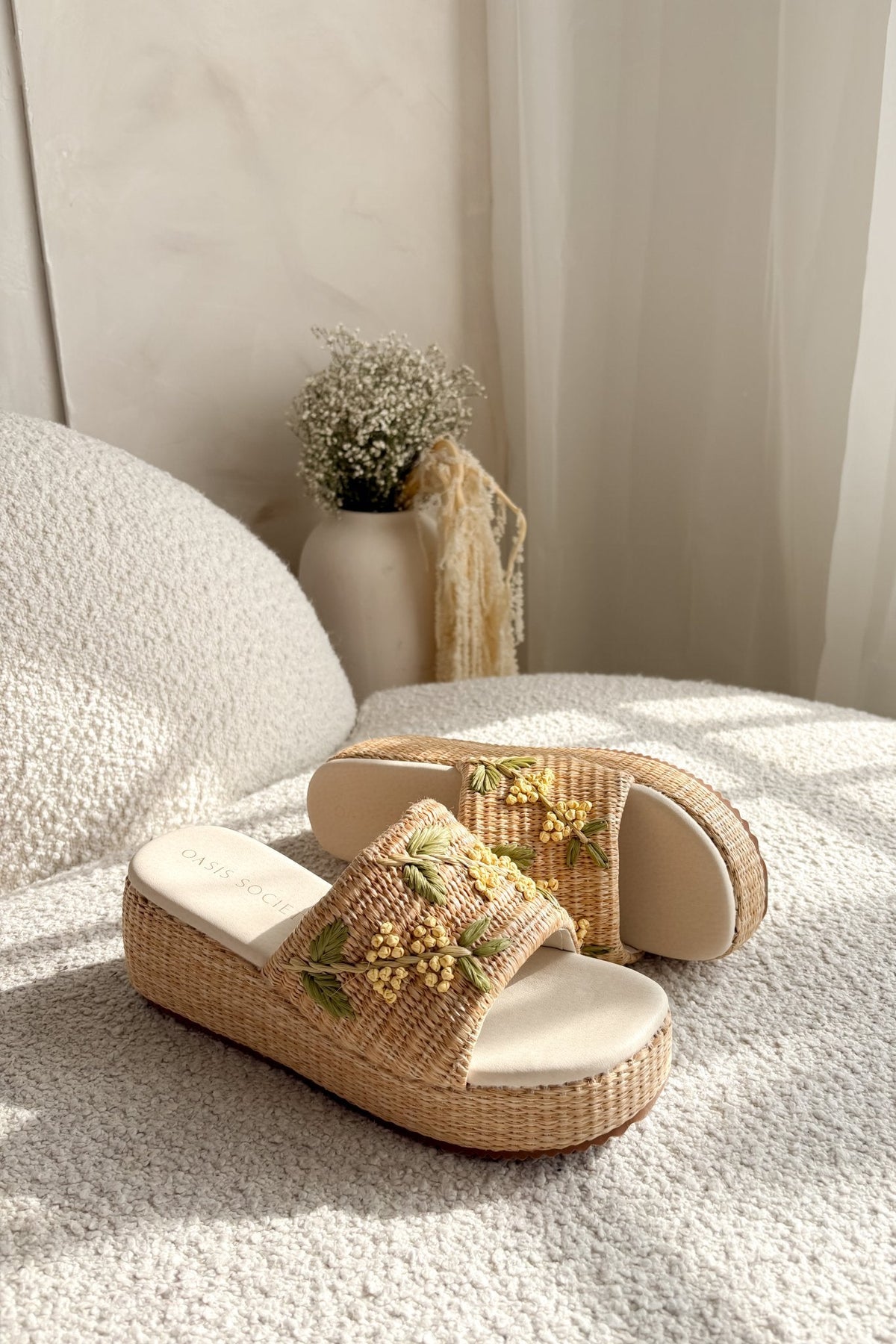 Women’s Raffia Floral Platform Slide Sandals - Natural - Women's Shoes - Blooming Daily