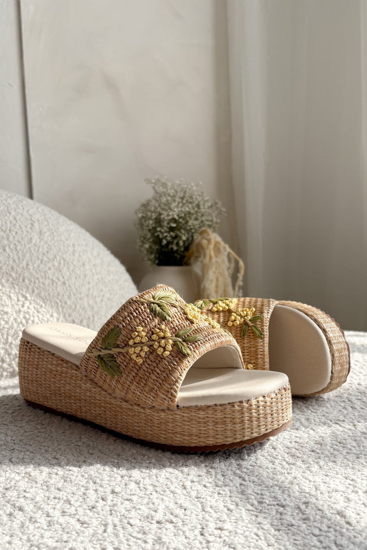 Women’s Raffia Floral Platform Slide Sandals - Natural - Women's Shoes - Blooming Daily