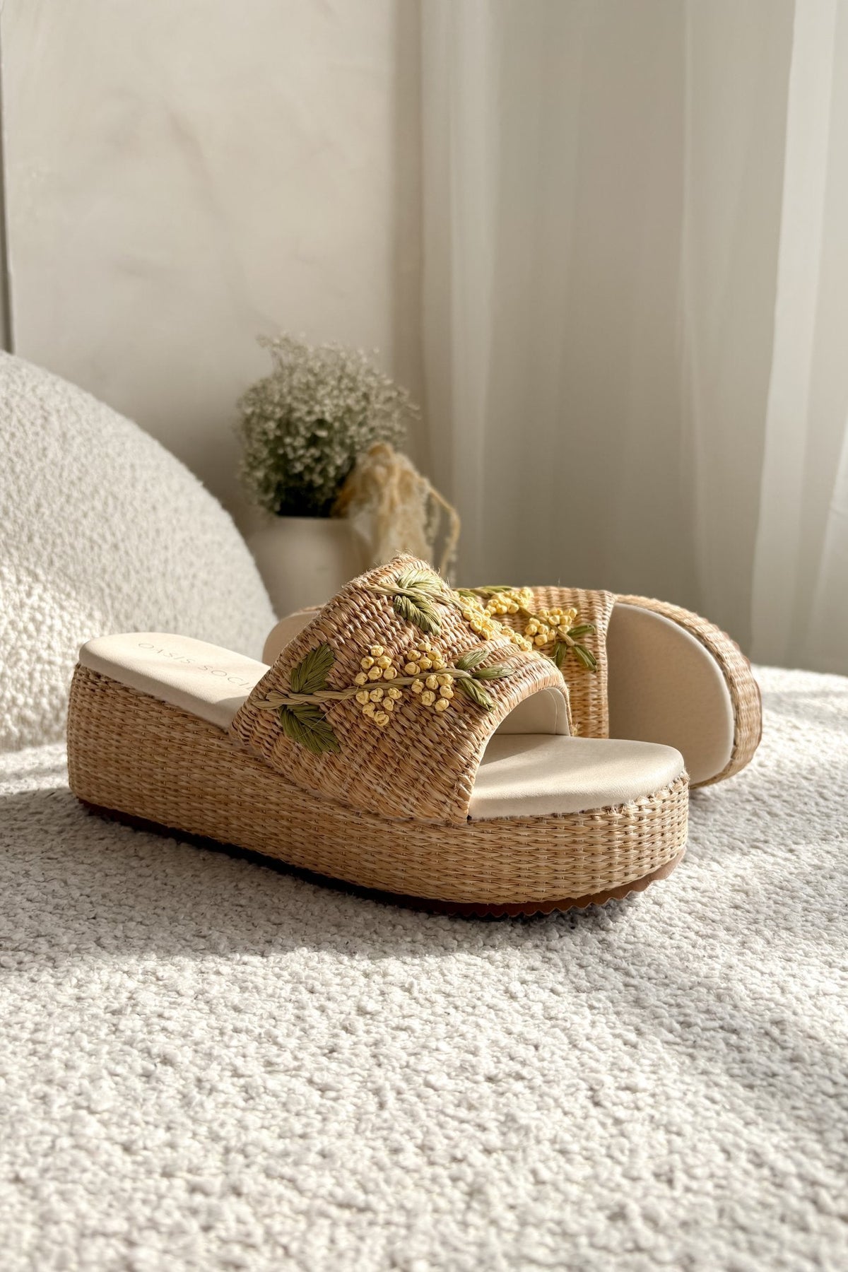 Women’s Raffia Floral Platform Slide Sandals - Natural - Women's Shoes - Blooming Daily