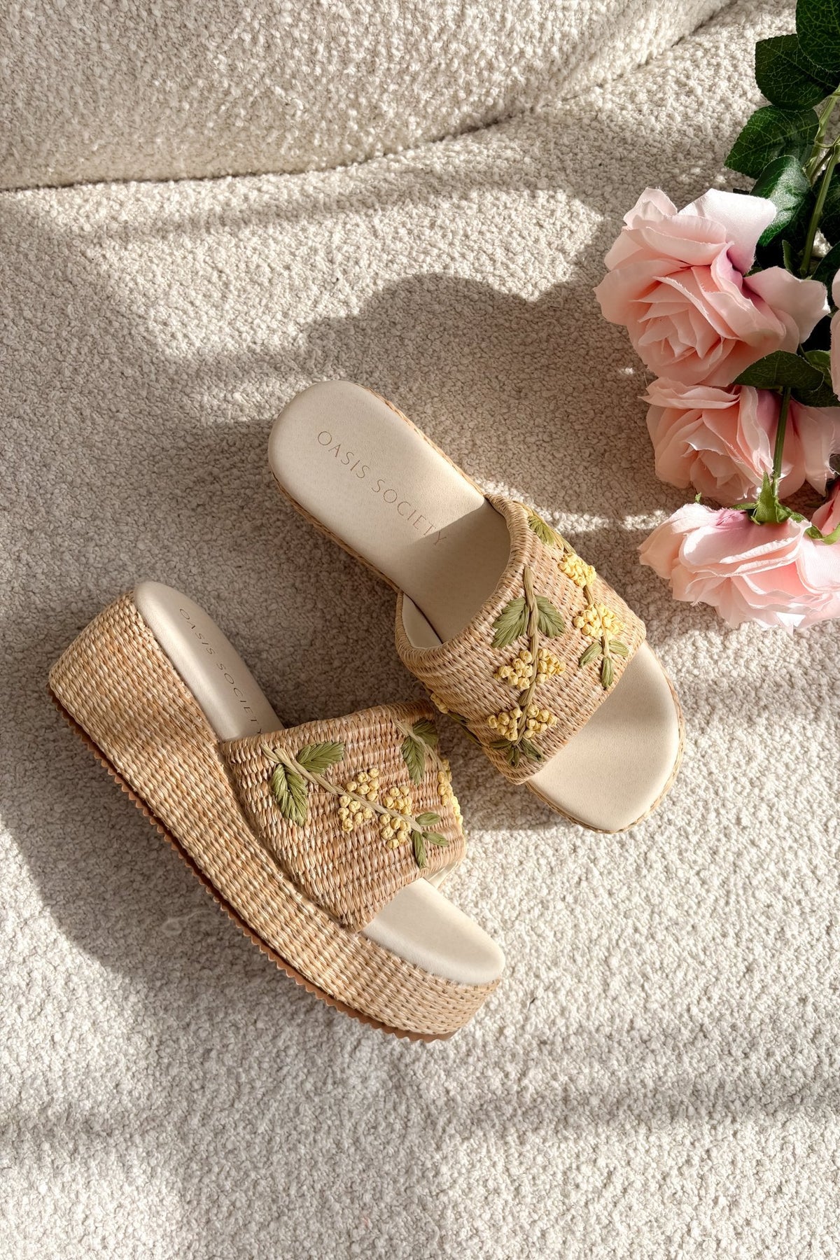 Women’s Raffia Floral Platform Slide Sandals - Natural - Women's Shoes - Blooming Daily