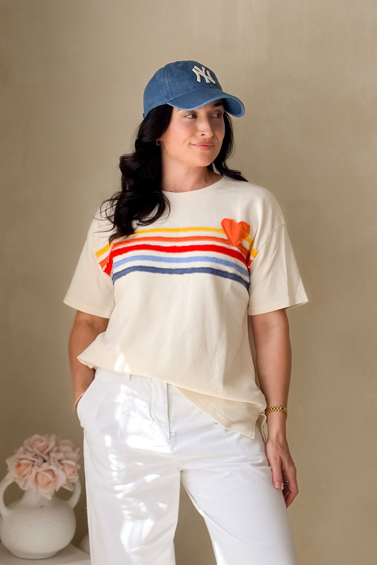 Women’s Rainbow Heart Terry Graphic Tee – Oversized Soft Tee - Women's Shirts & Tops - Blooming Daily