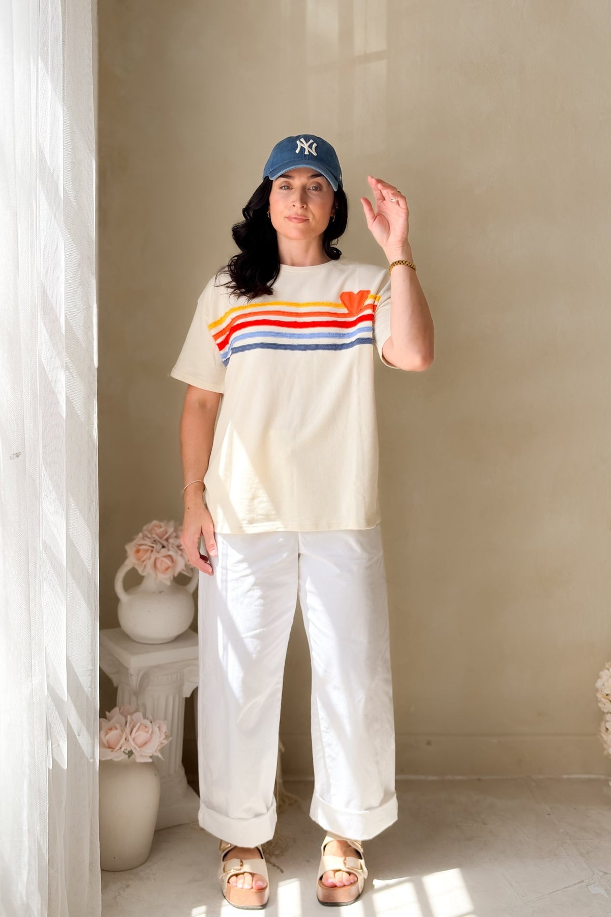Women’s Rainbow Heart Terry Graphic Tee – Oversized Soft Tee - Women's Shirts & Tops - Blooming Daily