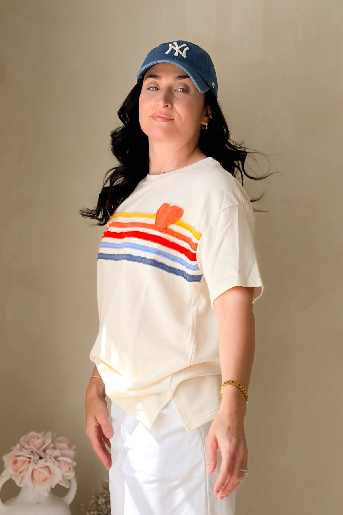 Women’s Rainbow Heart Terry Graphic Tee – Oversized Soft Tee - Women's Shirts & Tops - Blooming Daily