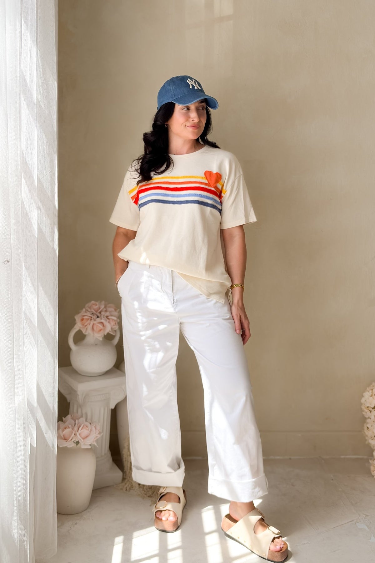 Women’s Rainbow Heart Terry Graphic Tee – Oversized Soft Tee - Women's Shirts & Tops - Blooming Daily