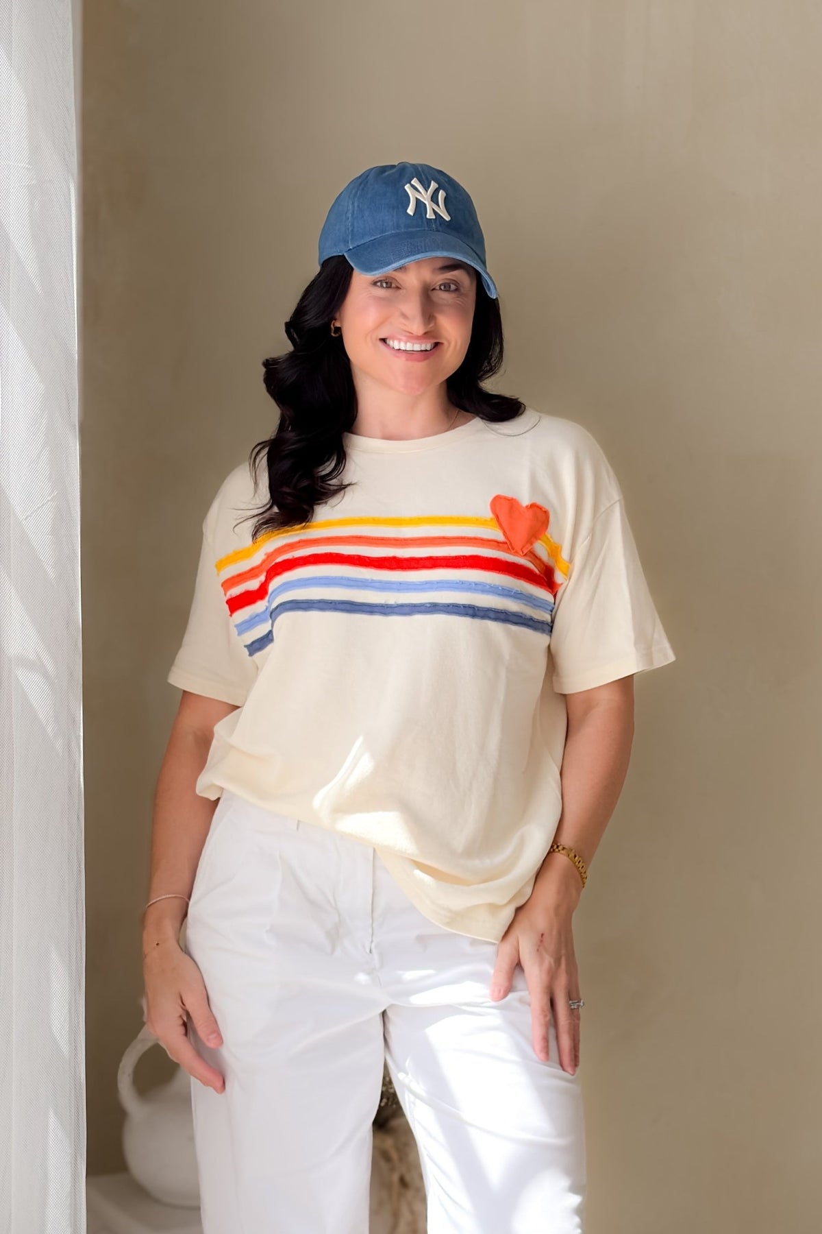 Women’s Rainbow Heart Terry Graphic Tee – Oversized Soft Tee - Women's Shirts & Tops - Blooming Daily