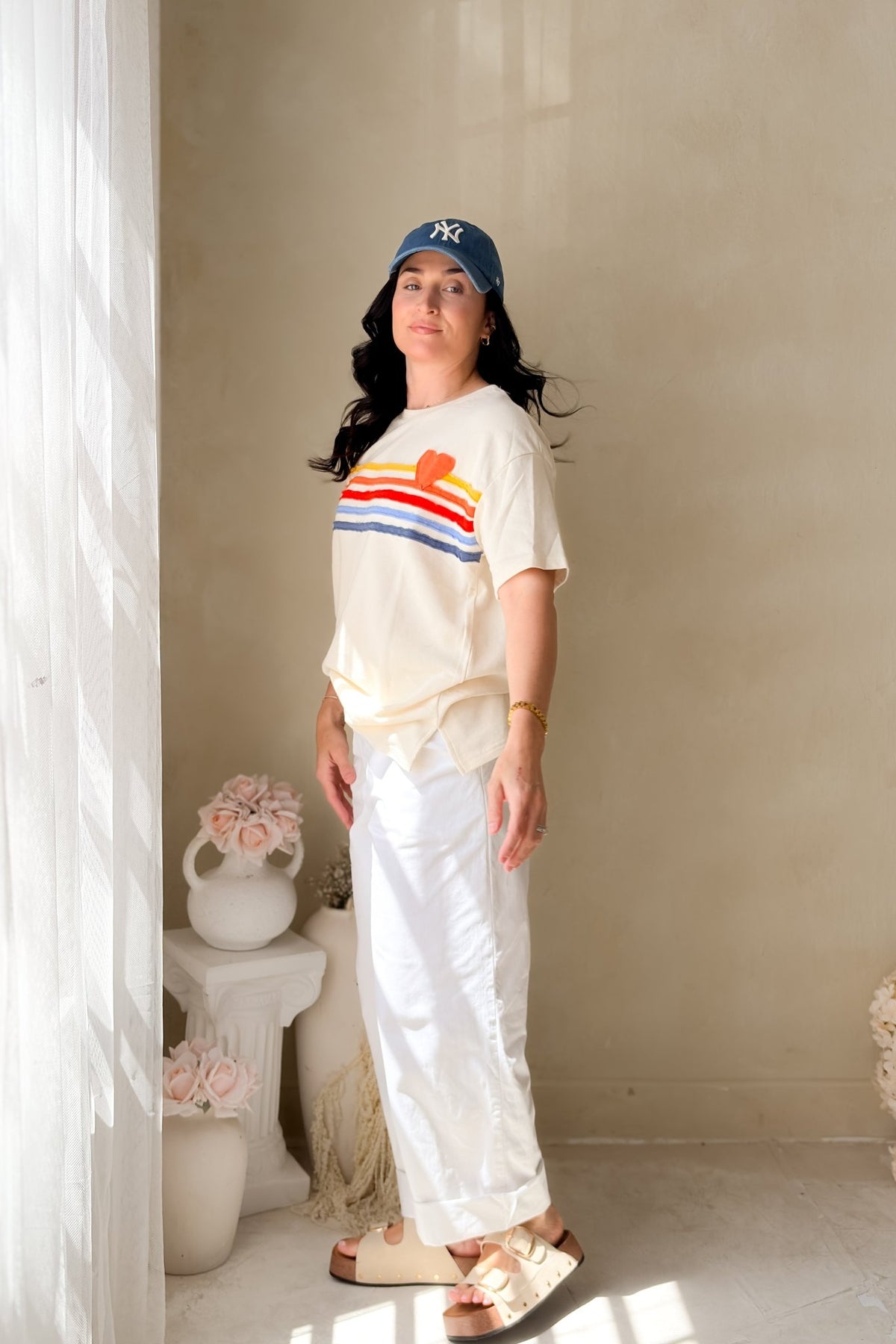 Women’s Rainbow Heart Terry Graphic Tee – Oversized Soft Tee - Women's Shirts & Tops - Blooming Daily