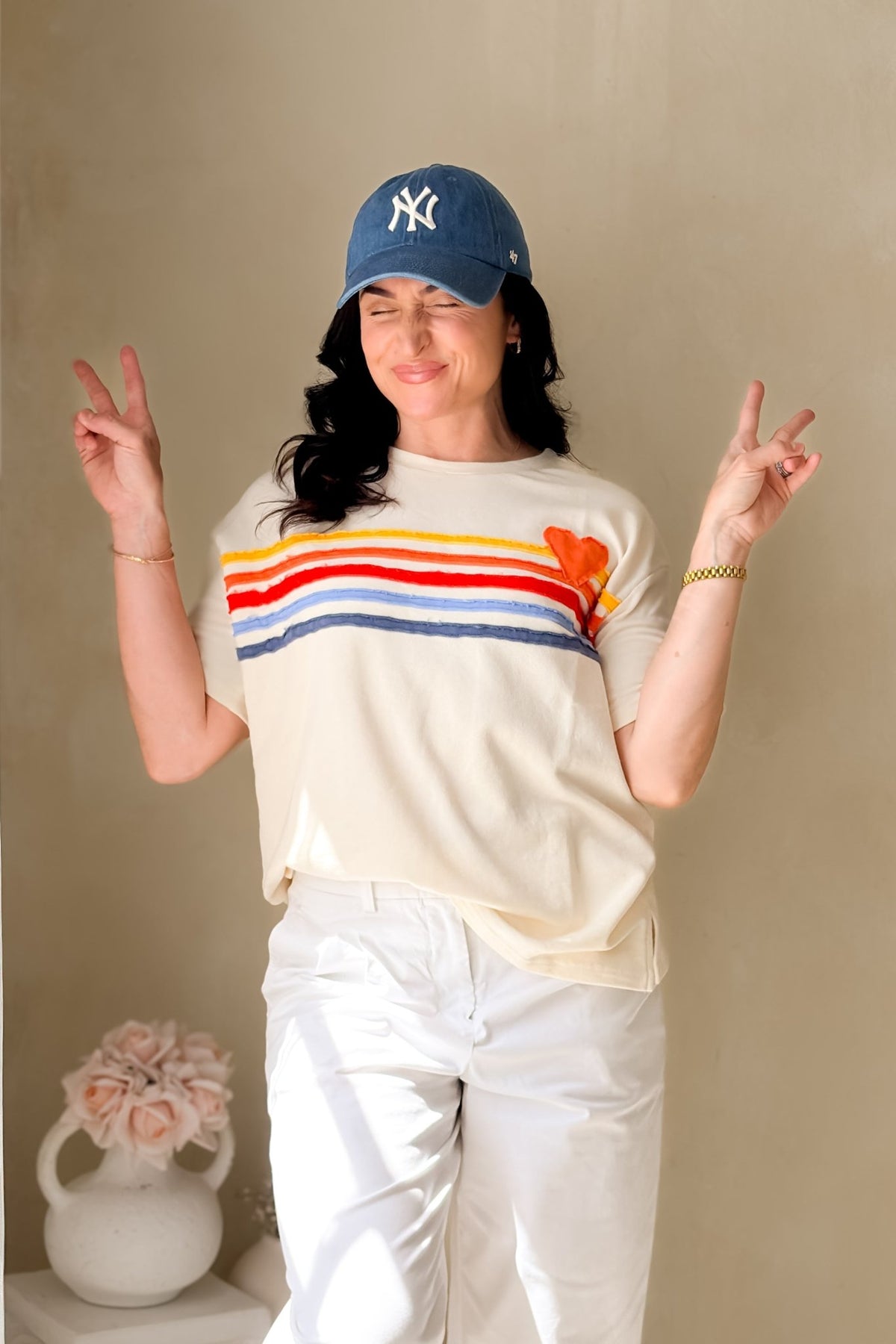 Women’s Rainbow Heart Terry Graphic Tee – Oversized Soft Tee - Women's Shirts & Tops - Blooming Daily