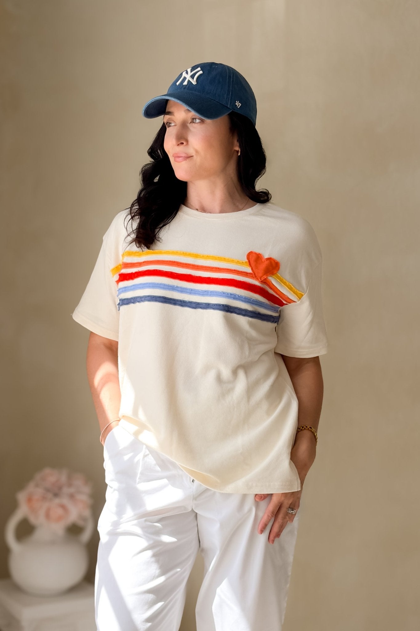 Women’s Rainbow Heart Terry Graphic Tee – Oversized Soft Tee - Women's Shirts & Tops - Blooming Daily