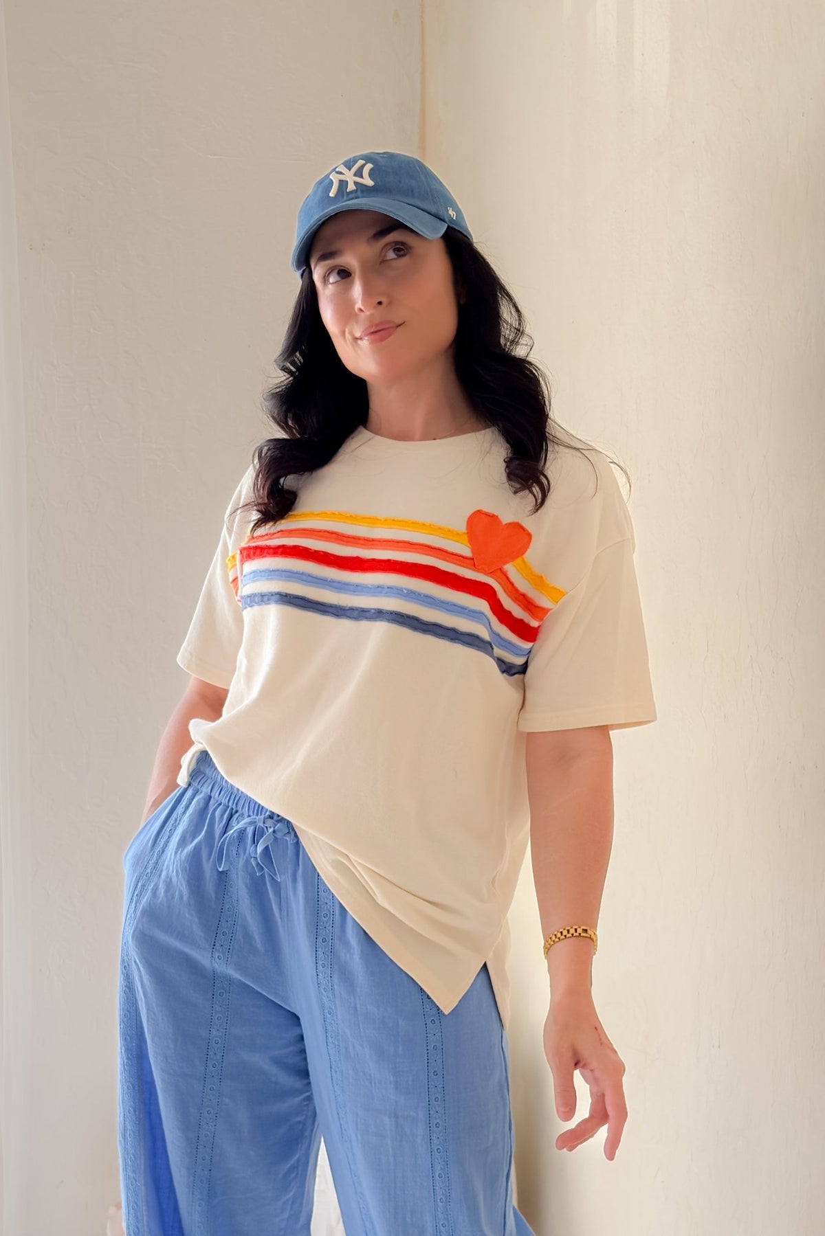 Women’s Rainbow Heart Terry Graphic Tee – Oversized Soft Tee - Women's Shirts & Tops - Blooming Daily