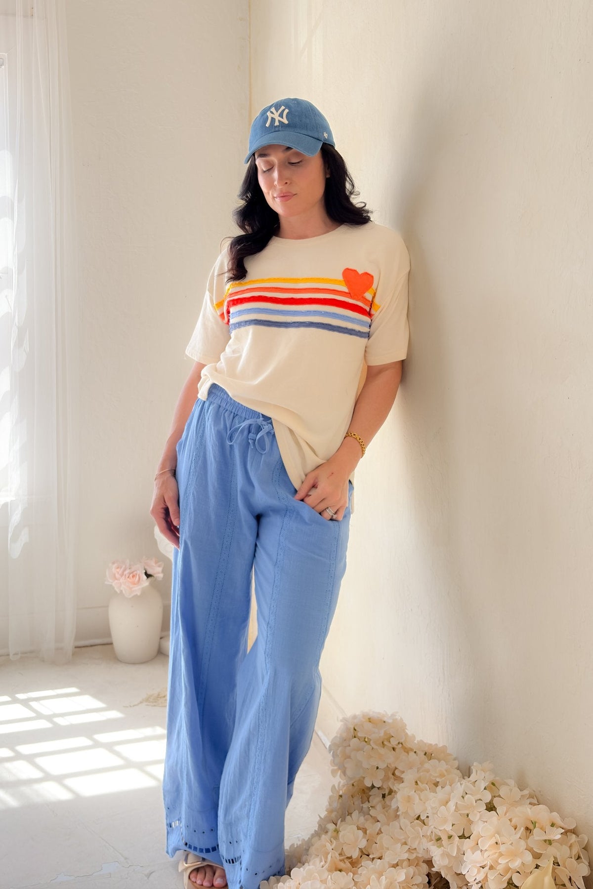 Women’s Rainbow Heart Terry Graphic Tee – Oversized Soft Tee - Women's Shirts & Tops - Blooming Daily