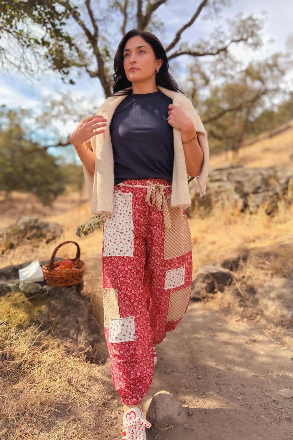 Red patchwork balloon pants for women with floral prints and cropped gathered ankle