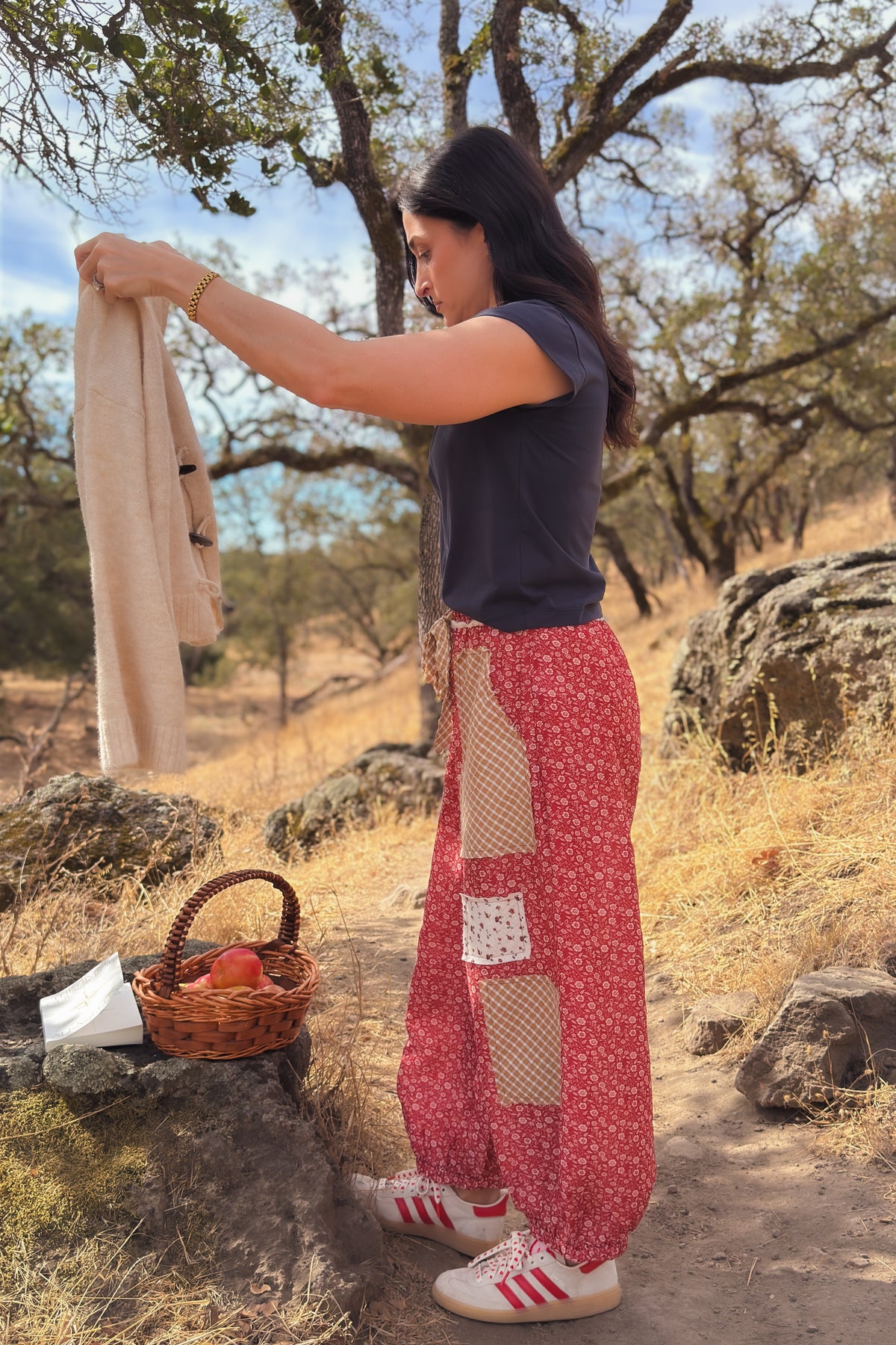 Red floral statement balloon pants for women with roomy hips elastic waist and pockets