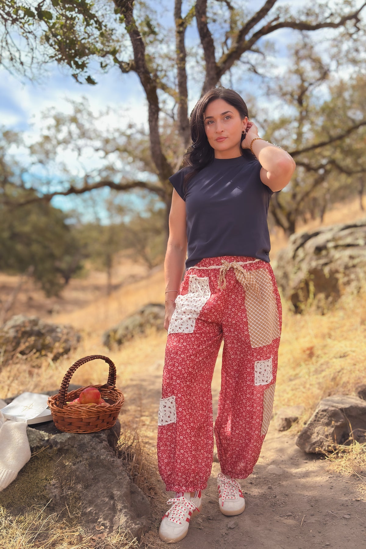 Women’s red patchwork balloon pants with mixed floral prints, elastic waist and relaxed cropped fit