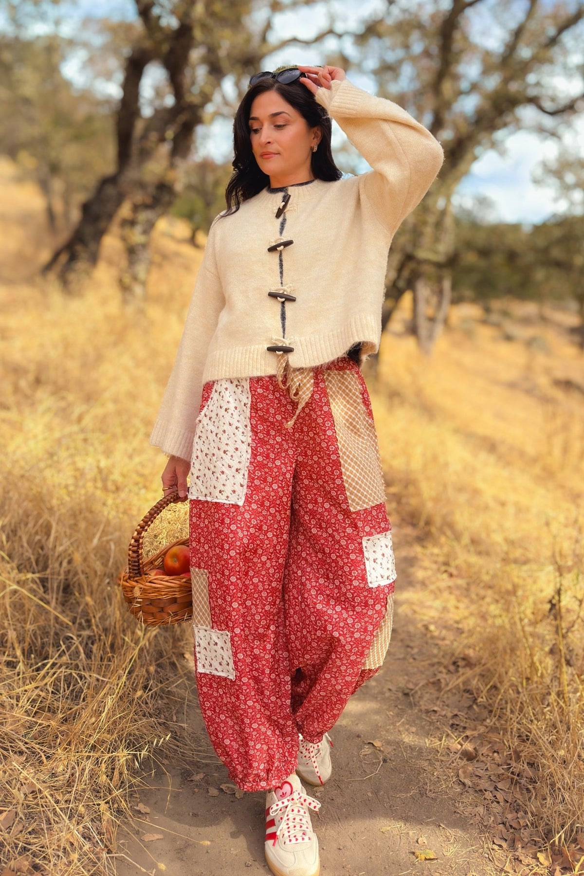 Relaxed red balloon pants for women with mixed floral patchwork and elastic waistband