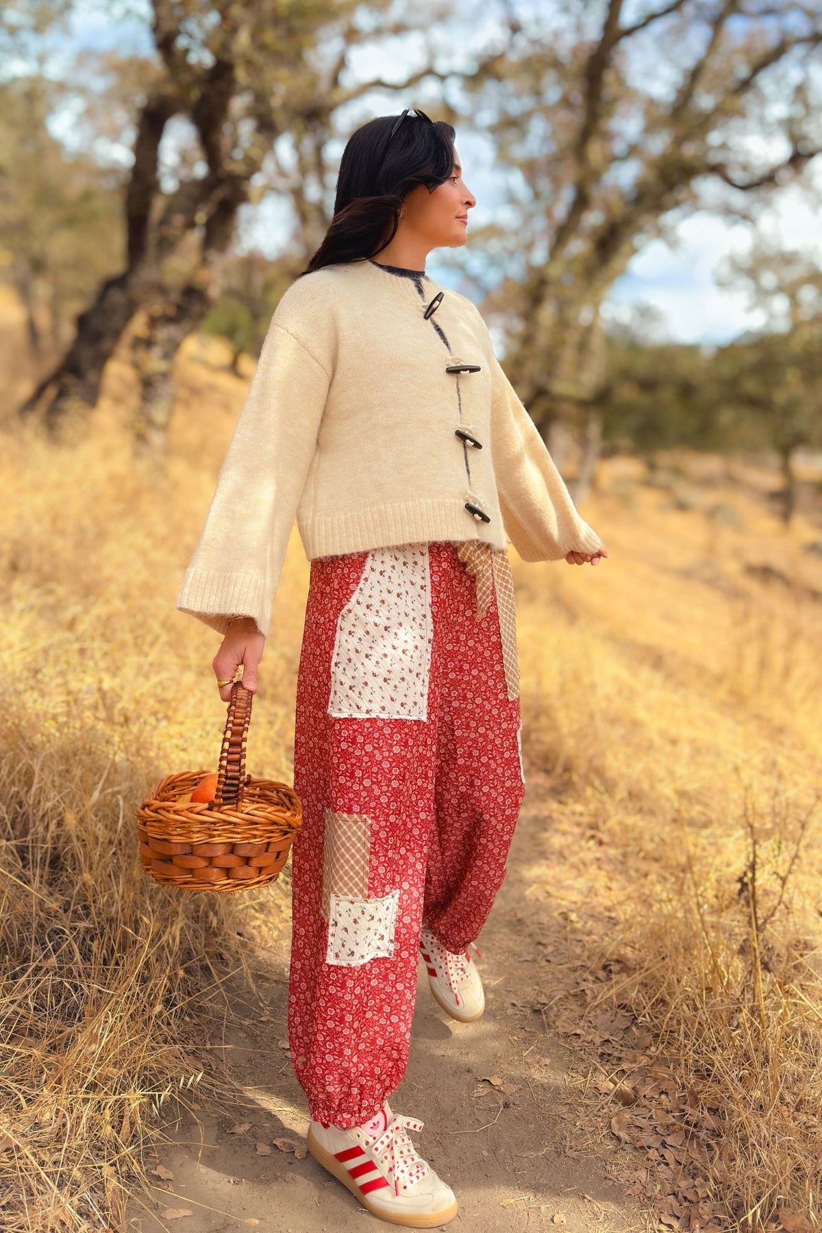 High rise women’s patchwork pants in muted red with oversized balloon leg silhouette