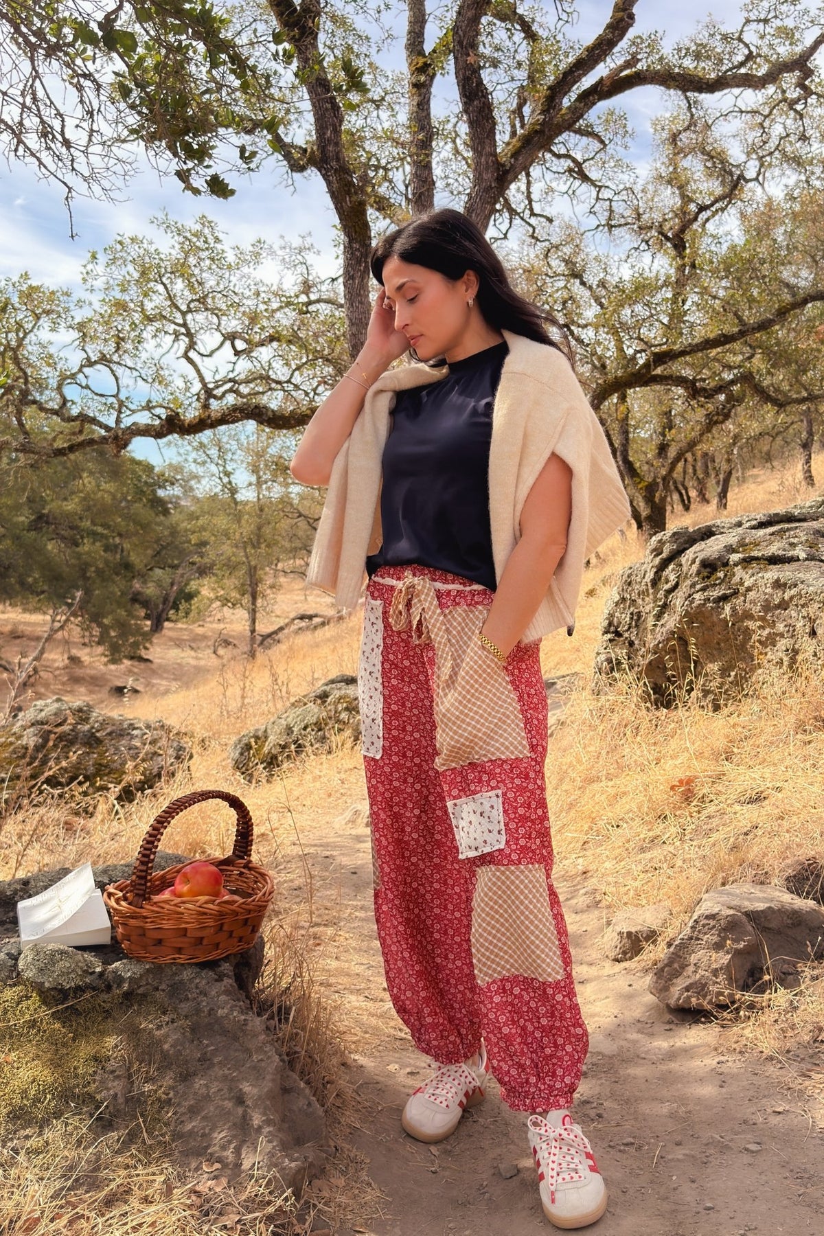 Women’s casual patchwork balloon pants in red cream and warm neutral floral prints