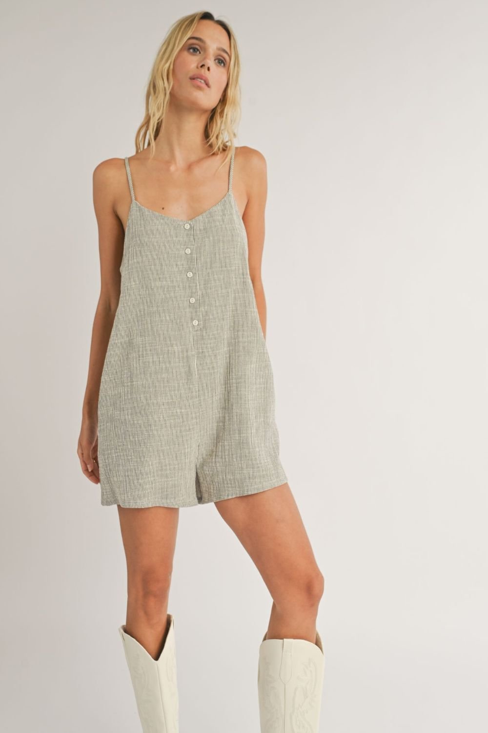 Women&#39;s Relaxed Fit Boxy Romper | Granola Girl Summer Rompers | Ivory Black - Women&#39;s Romper - Blooming Daily