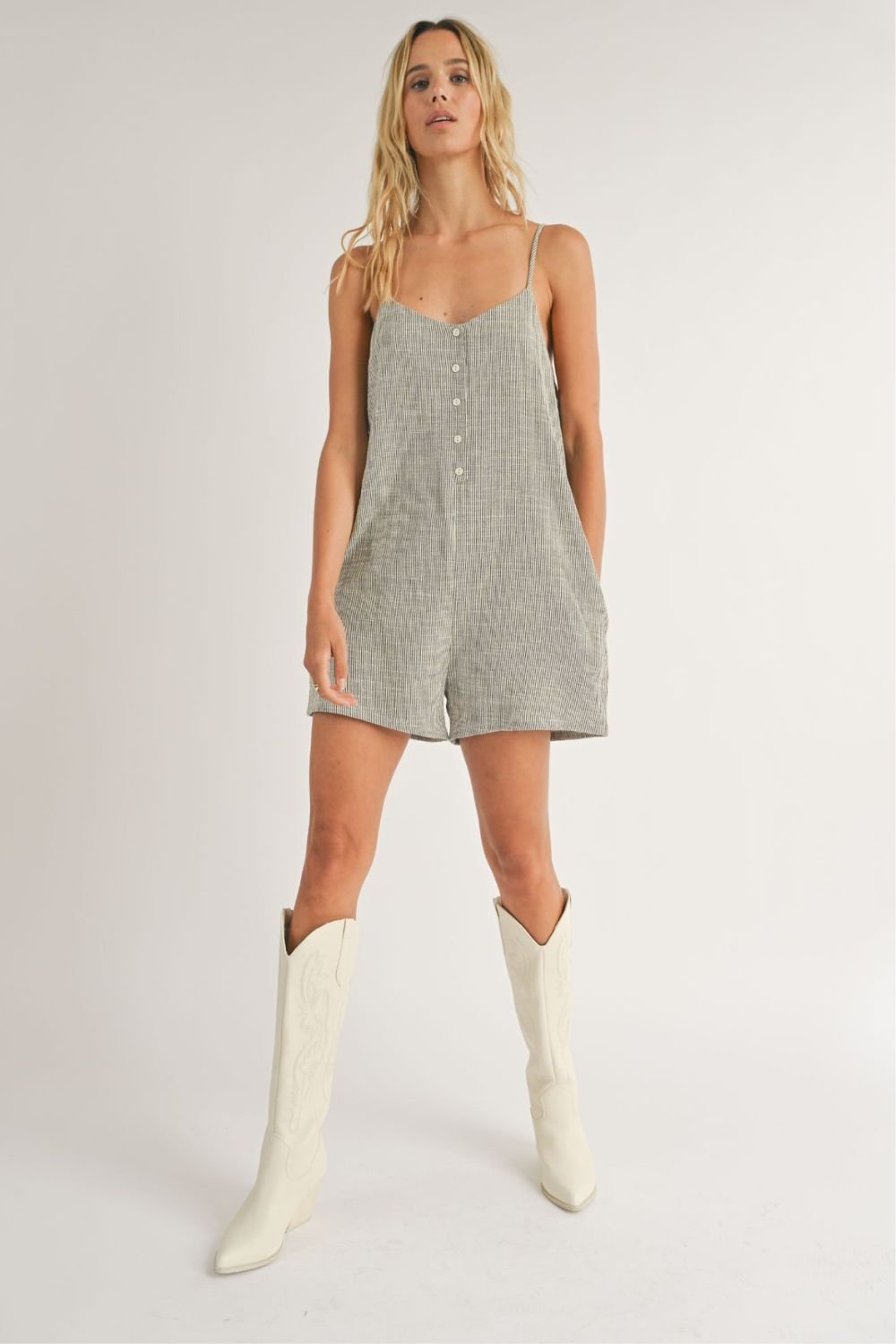 Women's Relaxed Fit Boxy Romper | Granola Girl Summer Rompers | Ivory Black - Women's Romper - Blooming Daily