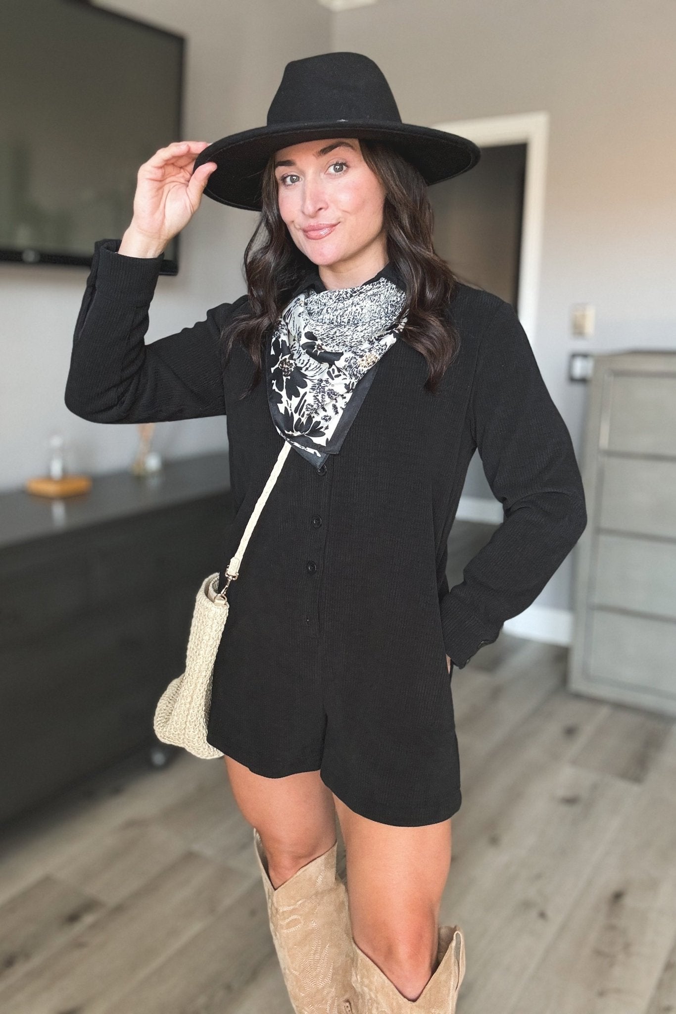 Women's Relaxed Fit Long Sleeve Corduroy Romper One Piece | Black - Women's Romper - Blooming Daily