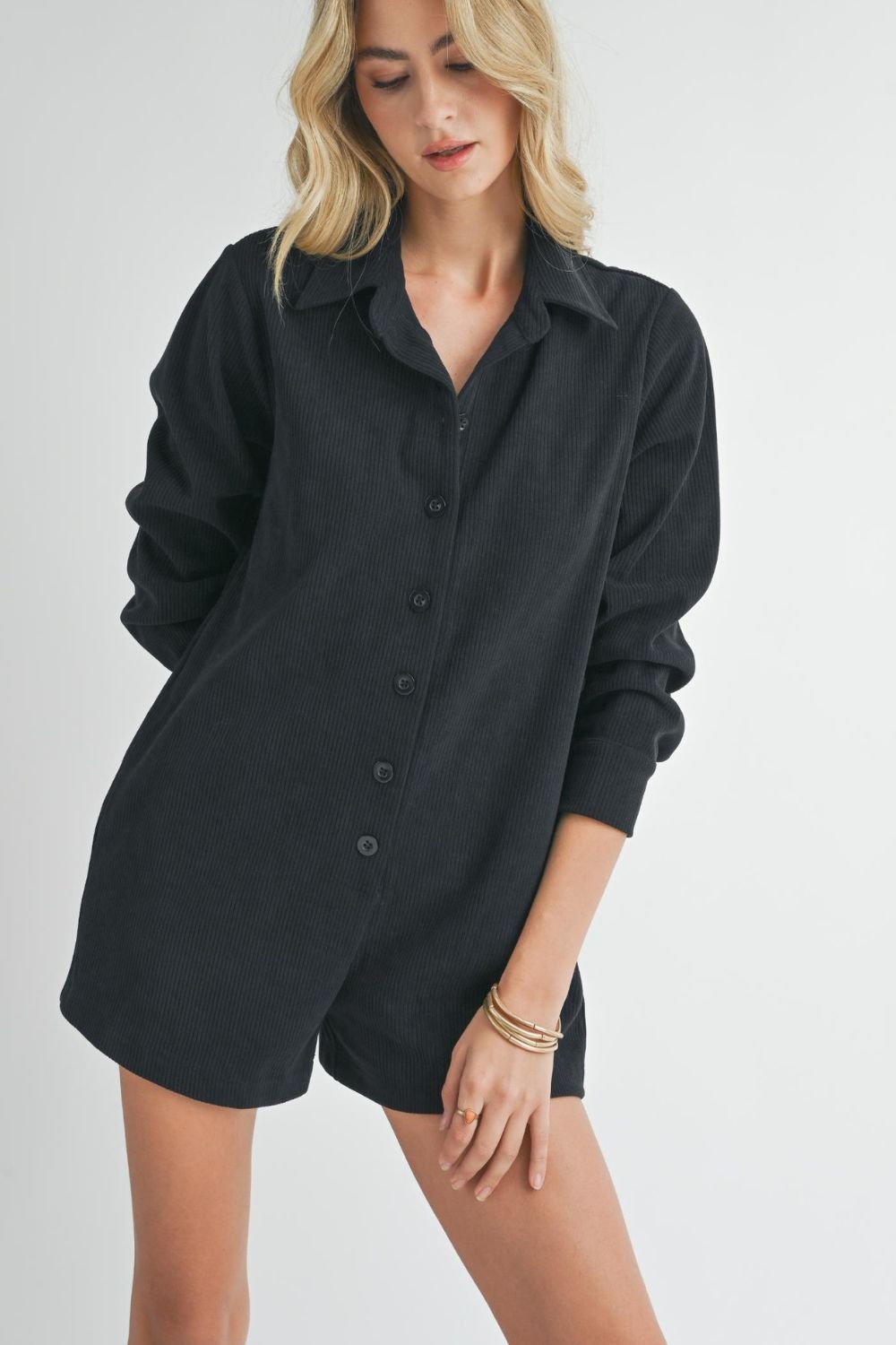 Sadie & Sage Long Sleeve Corduroy Romper - Black S / Black Sadie & Sage Long Sleeve Corduroy Romper - Black S / Black