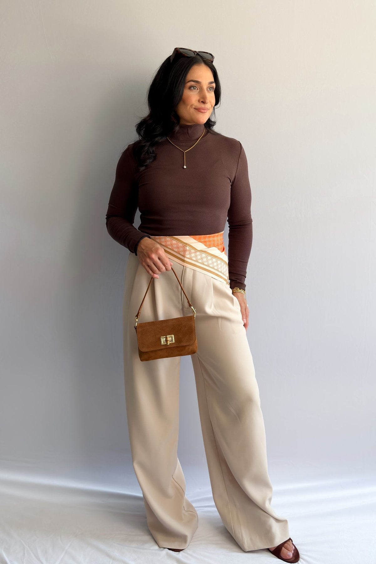 Women’s Ribbed Mock Neck Long - Sleeve Top – Brown - Women&#39;s Shirts &amp; Tops - Blooming Daily